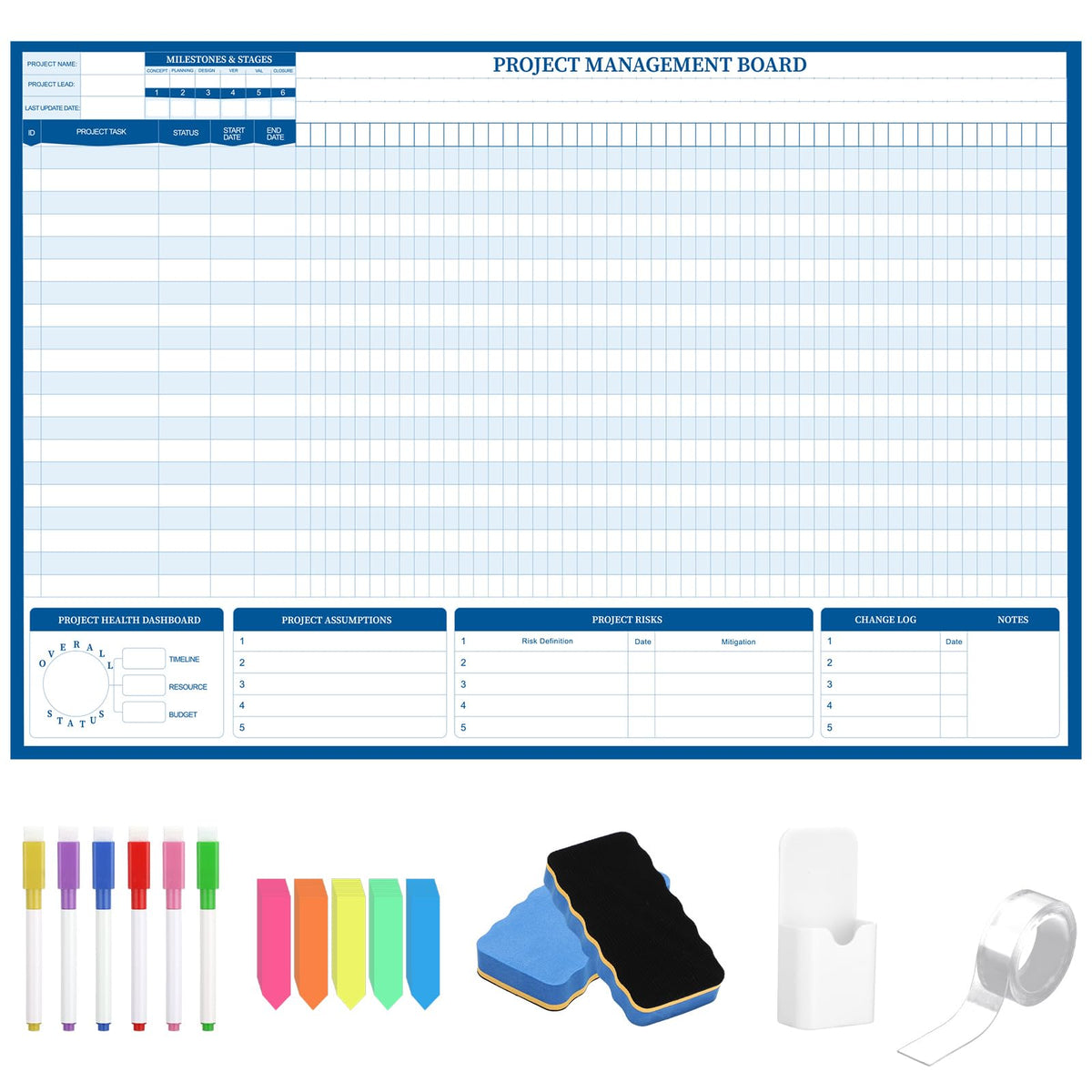 Lincia Large Magnetic Gantt Chart Whiteboard Kit 24" x 36" Reusable Visualize Timelines, Risks & Critical Path Ultimate Management White Board for Project Management Managers