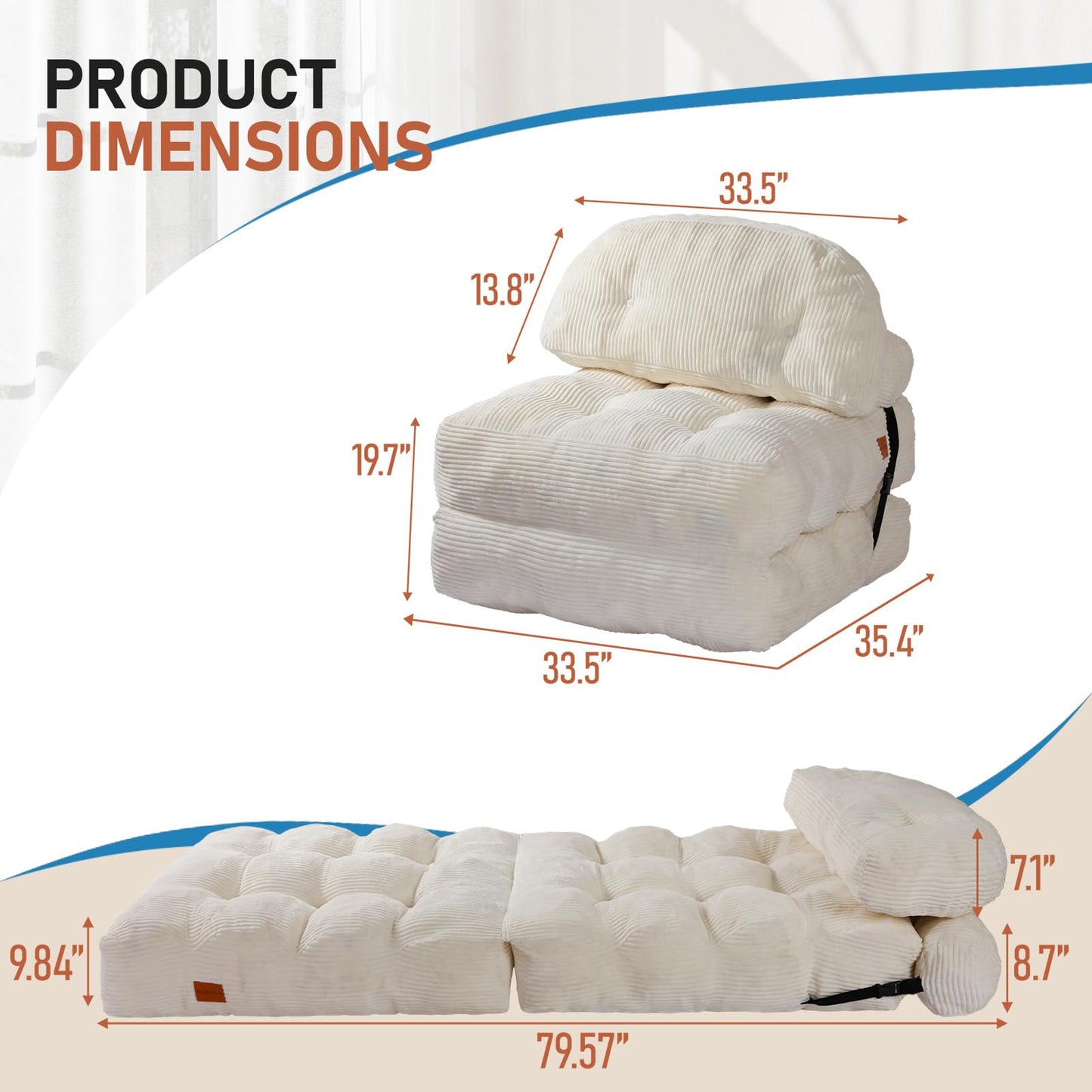 Vellorise Folding Sofa Bed, Convertible Chair Bed with Back Support and Pillow Futon,Foldable Boneless Chair for Living Room/Guest Use/Home Office, Foldable Couch for Adults, Beige