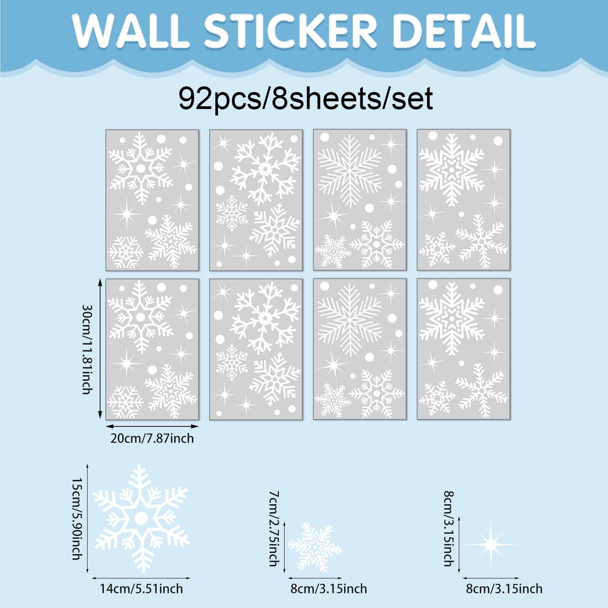 Kasubeso 92Pcs Snowflake Window Clings Decals, Peel and Stick Glitter Christmas Wall Stickers, Removable Winter Xmas Wall Docer for Holiday Party Bedroom Living Room Offices Home Decoration