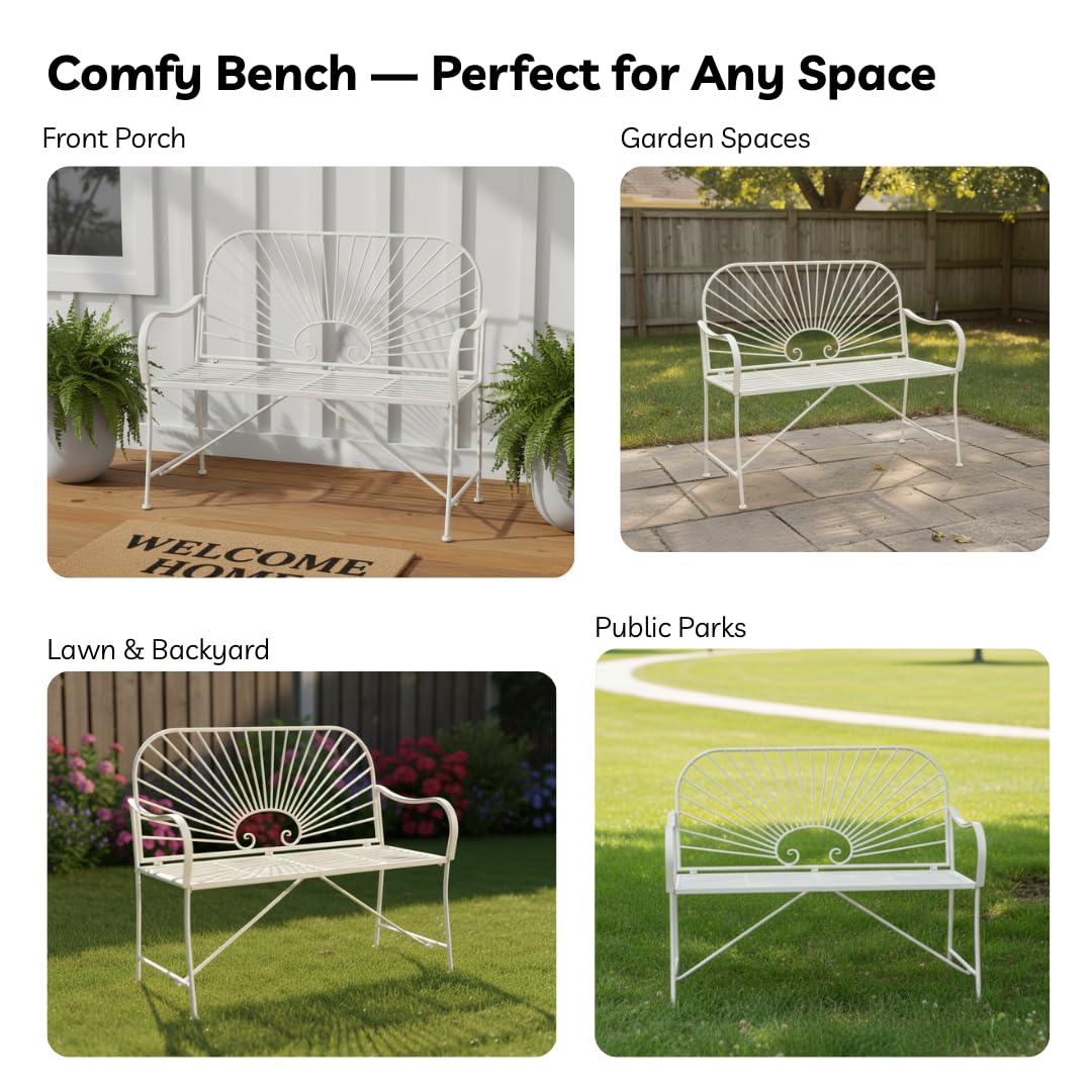 XBrand 44" L Iron Sun-Patterned Seat for Two, Patio & Porch Furniture for Park, Yard, Lawn, Balcony, Backyard – White