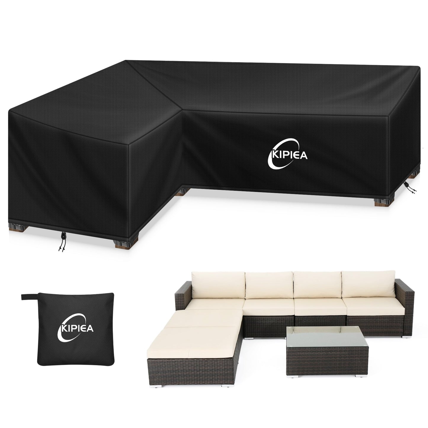 Kipiea L-Shape Patio Furniture Covers Waterproof, 500D Heavy Duty Outdoor Sectional Cover Windproof, Outdoor Couch Cover Anti-UV, No Tears & No Fading (Left Facing, 90" x 120" L x 33.5" D x 31" H)