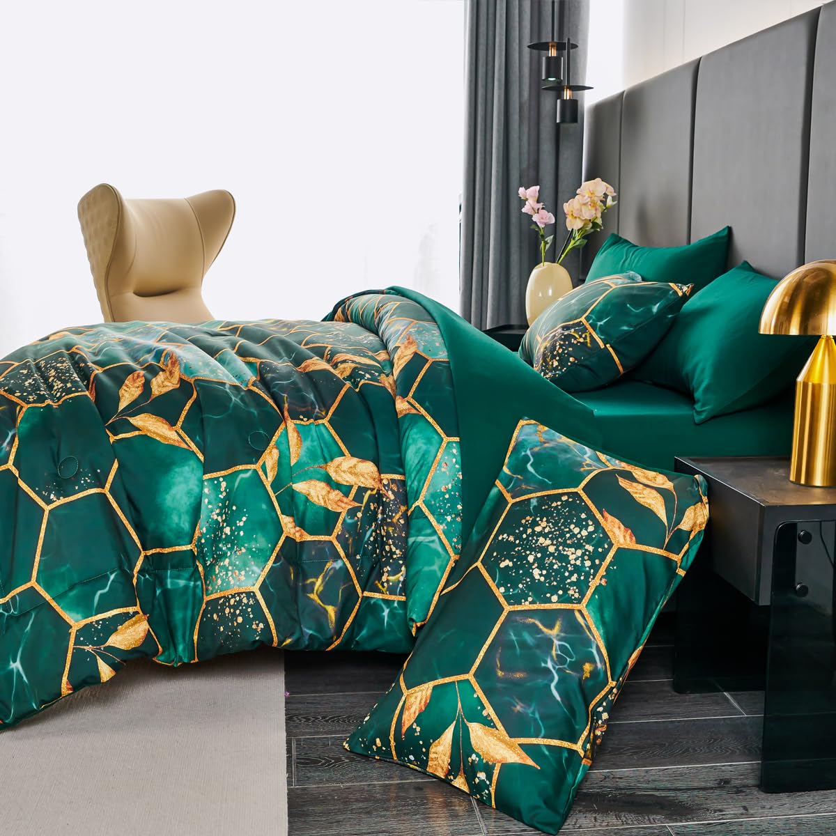 ZRNBAST Dark Green King Size Comforter Set Geometric Honeycomb-7 Piece Bedding Set with Gold Trim Print Pattern All Season Marble Hexagon Bed in A Bag with Sheets (Emerald Green, King)