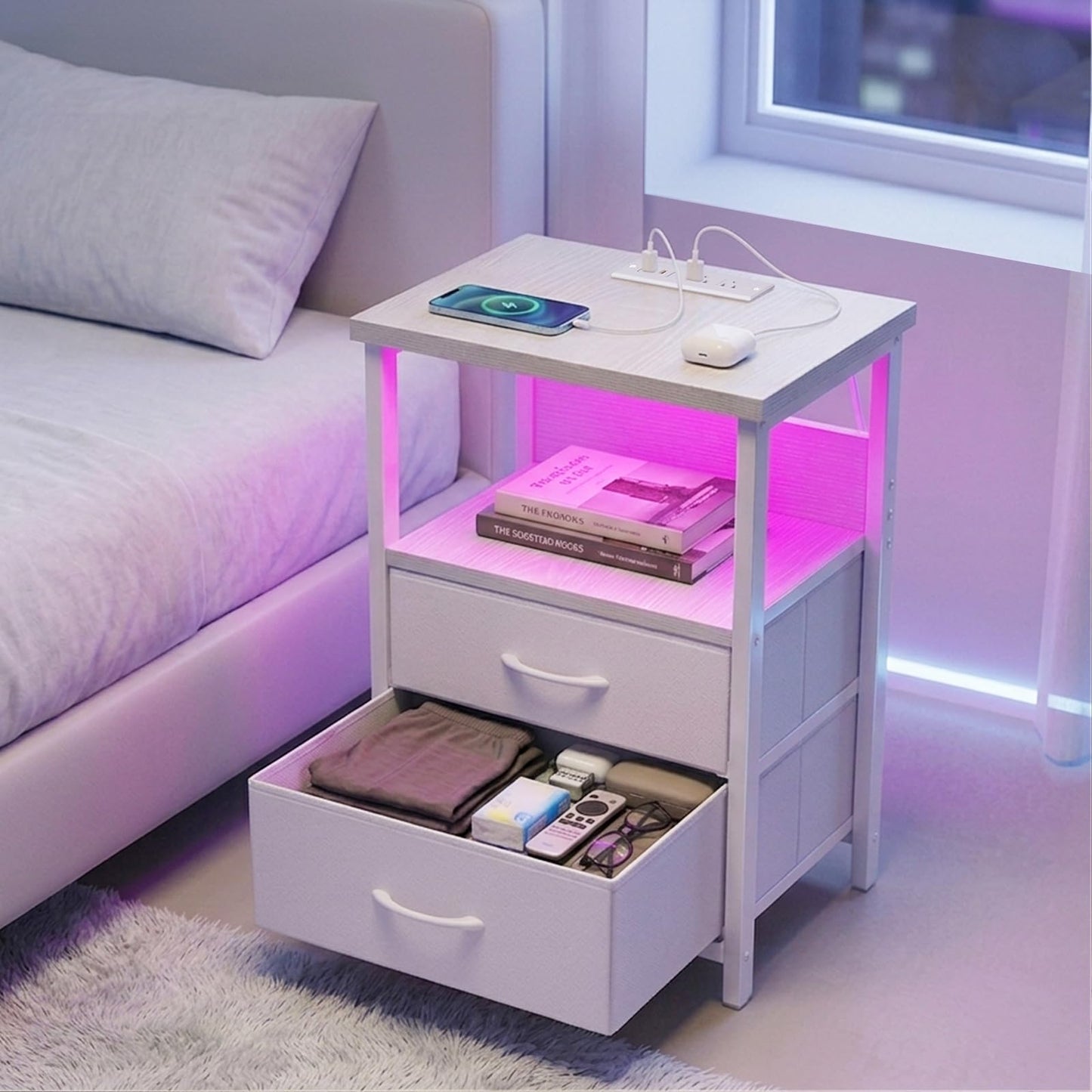 Fixwal White Nightstand for Women Bedroom, LED Night Stand with Charging Station, Bed Side Table with 2 Fabric Storage Drawers