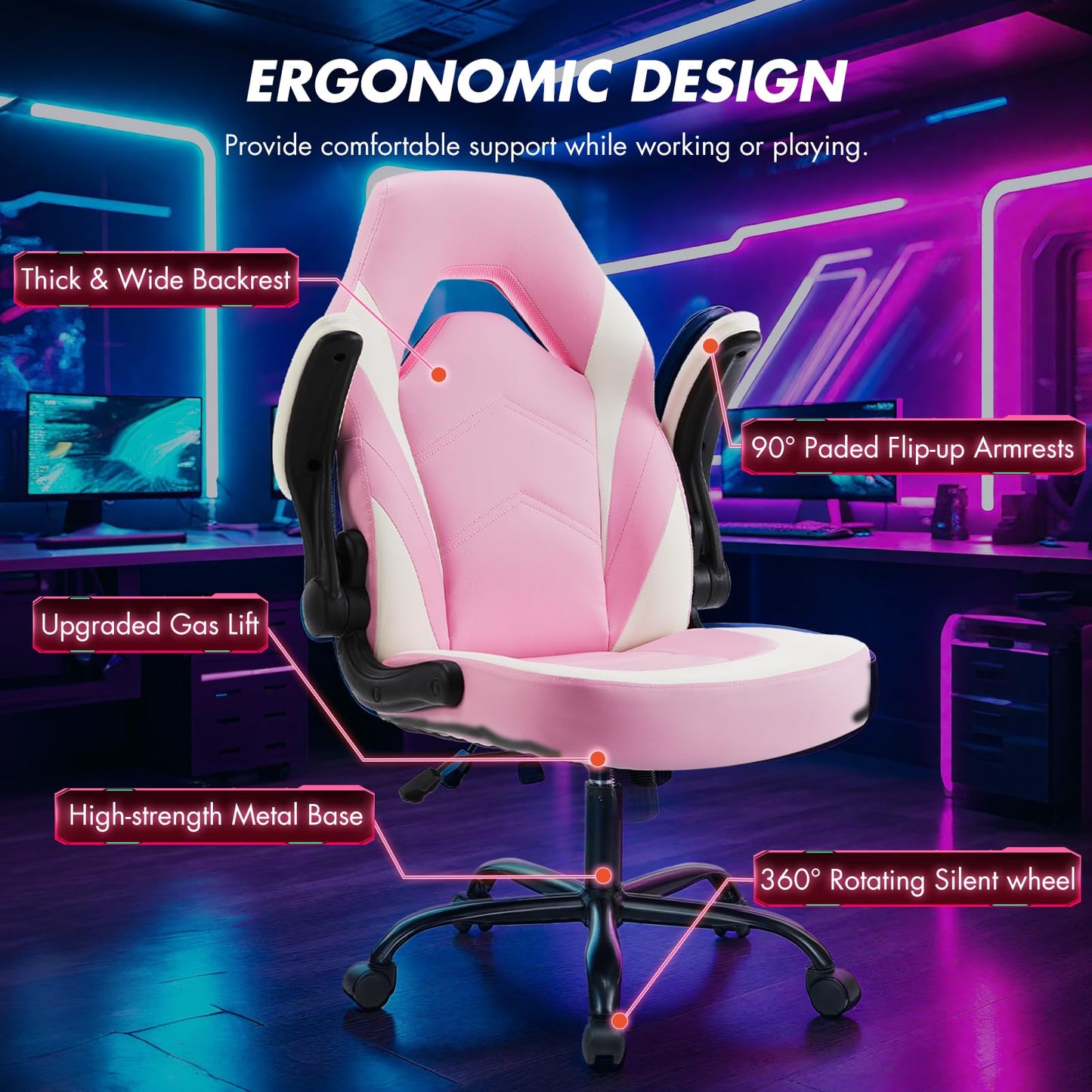 Sweetcrispy Computer Video Game Desk Chair - Ergonomic Comfy Lumbar Support, PU Leather with Flip-up Armrest, Height Adjustable and 360° Swivel, for Adults, Pink