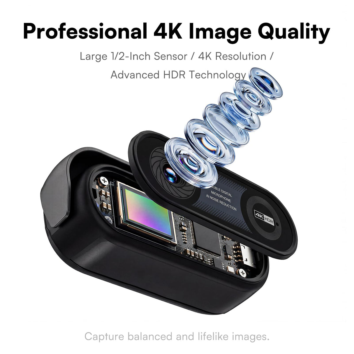 VoltHarbor 4K Webcam with Ring Light & Microphone, 4K Ultra HD Streaming Camera, Built-in Dual Noise-Canceling Mics, Auto Light Correction, for Zoom/Skype/Teams/YouTube/Twitch, Plug & Play, for PC