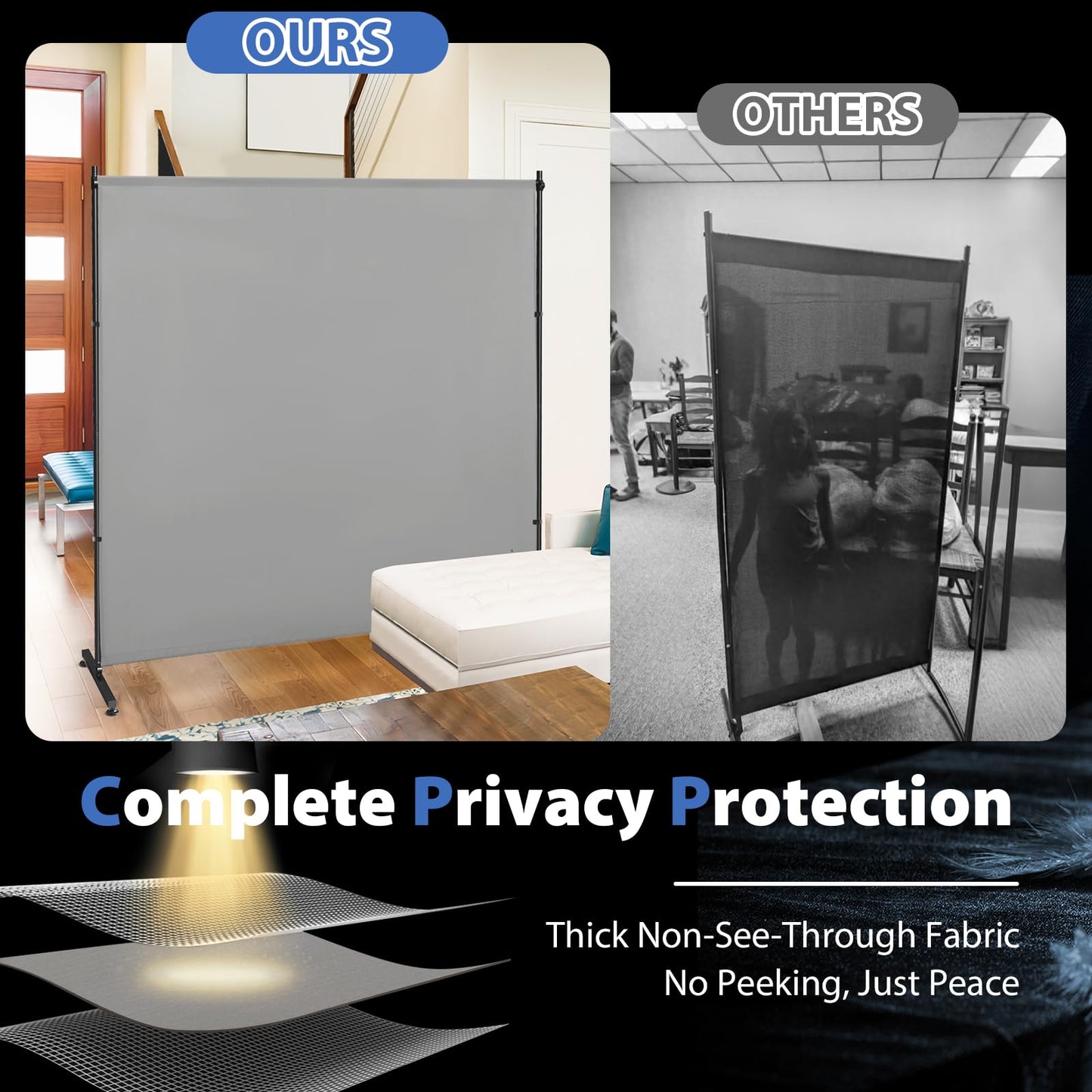 Room Divider, 73x75inch Large Privacy Screen with Adjustable Feet,Portable Single Panel Partition Wall for Room Separation,Room Separator with Thickened Fabric for Indoor Office,Bedroom,Outdoor Patio