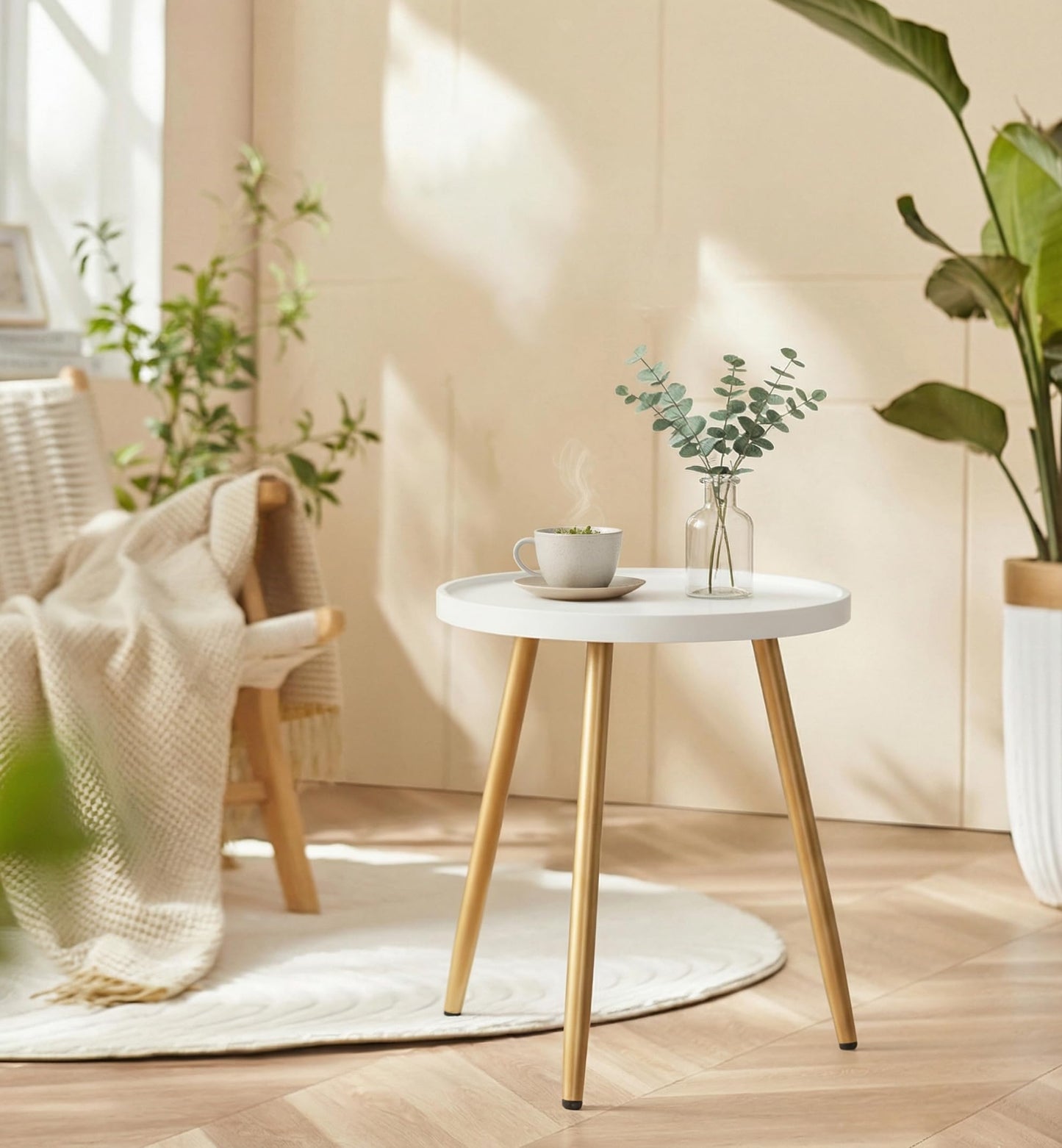 danpinera Small Round Side Table, Mini White Table with Wooden Tray & Metal Legged, Gold Side Table for Small Space, Living Room, Bedroom, Nursery, 14.96" D x 14.96" W x 17.52" H, White & Gold