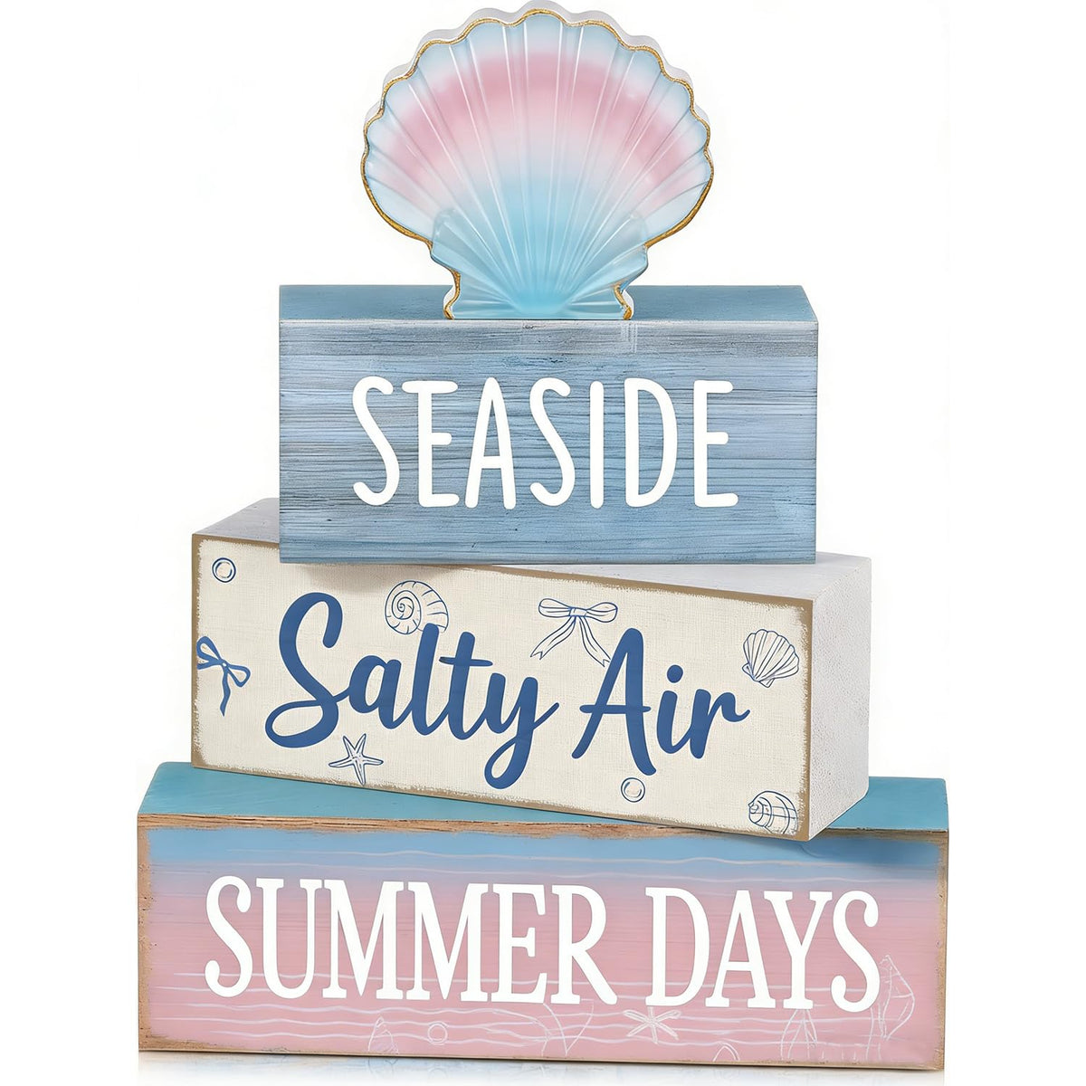 4 Pcs Seaside Beach Tiered Tray Decor Rustic Wooden Nautical Centerpiece with Salty Air Summer Days Sign Farmhouse Coastal Room Decor Summer Tiered Tray Decor