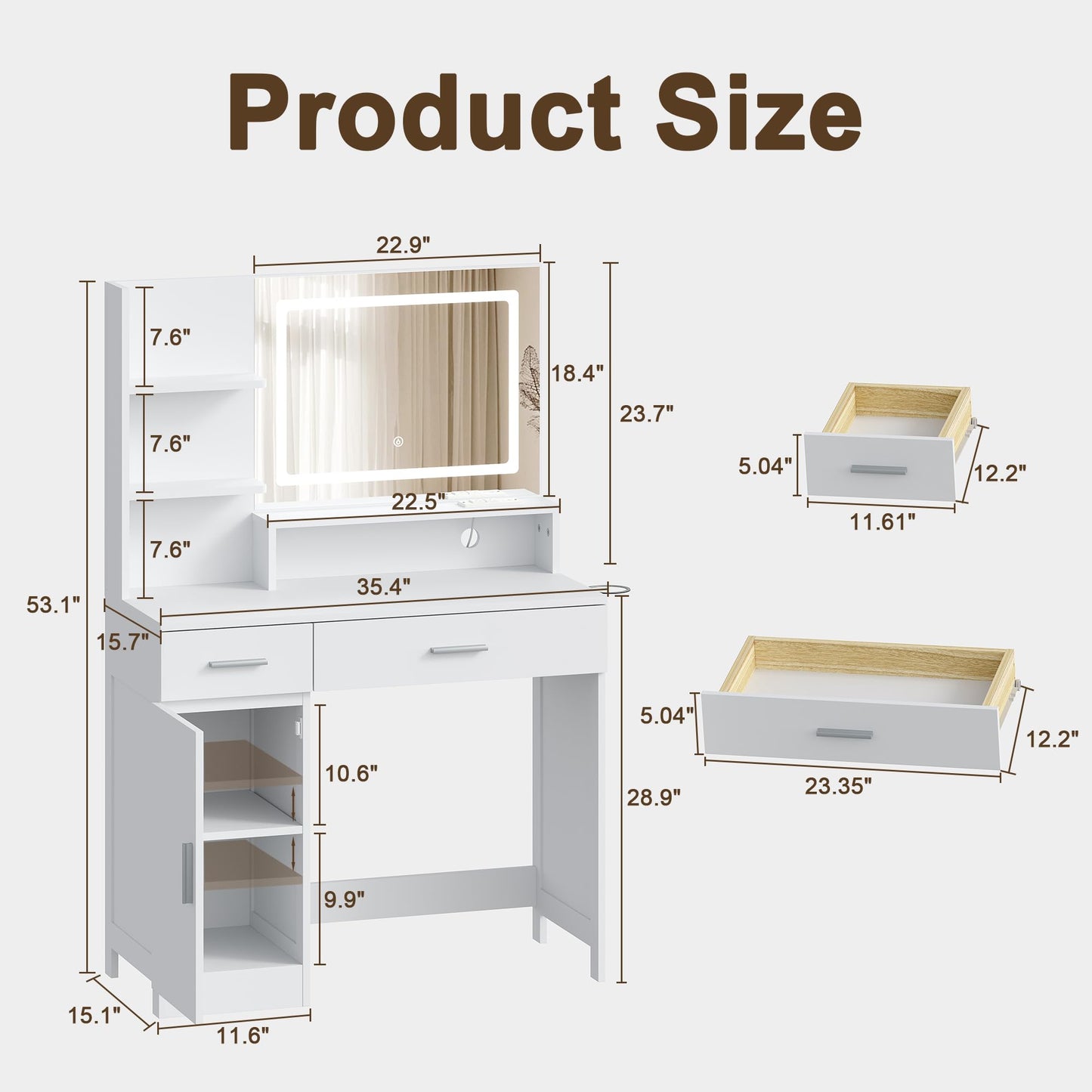 ProsperHaven Vanity Desk with LED Mirror and Lights, Makeup Vanity Table with Power Outlet, Drawers, Cabinet, Dressing Table with Open Storage Shelves for Bedroom, Dressing Room, White