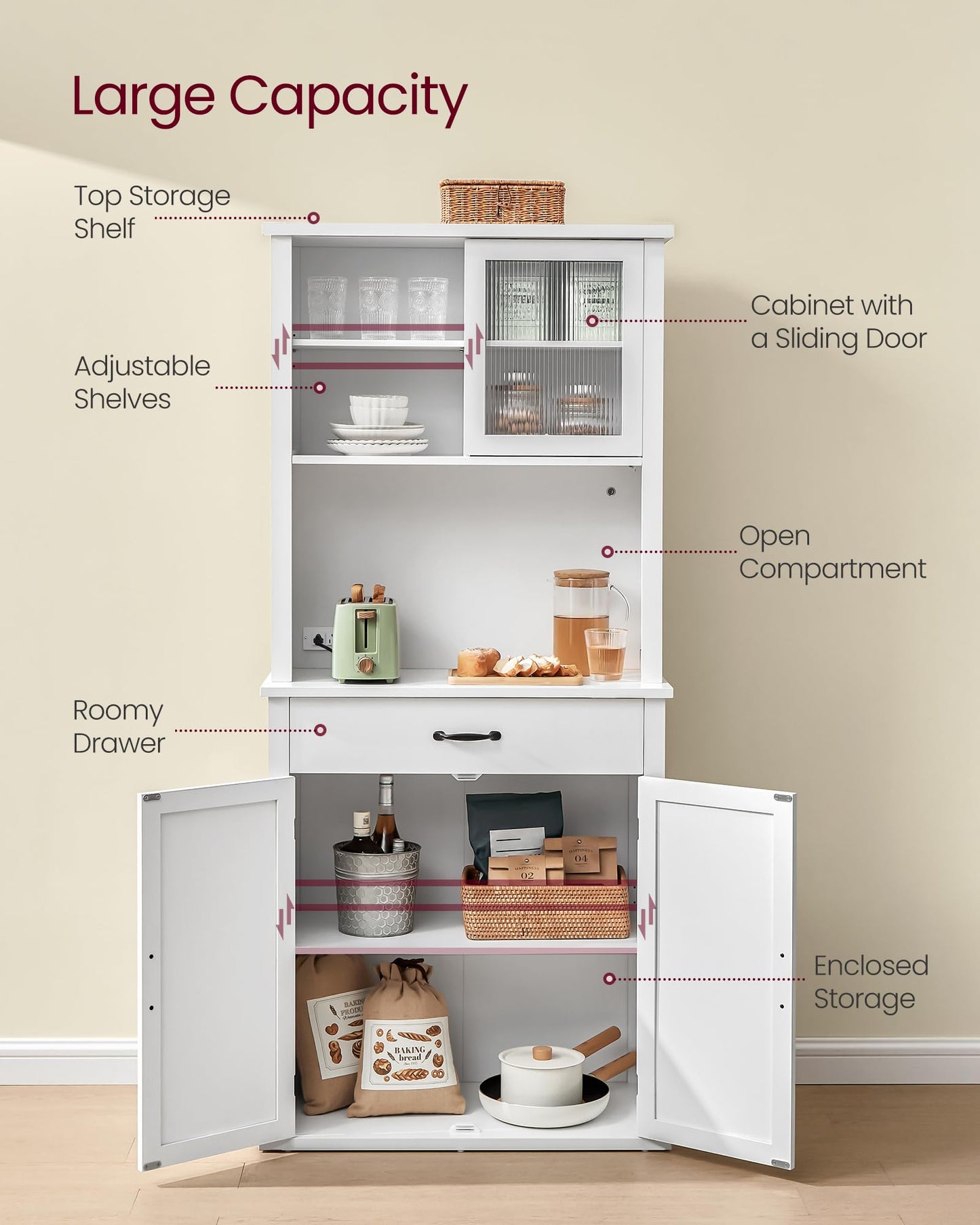 VASAGLE LIRY Collection - 71-Inch Tall Kitchen Pantry Cabinet with Lights and Charging Station, Coffee Bar Cabinet with Doors and Drawer, Farmhouse Style, Adjustable Shelves, Cloud White UBBK363W11