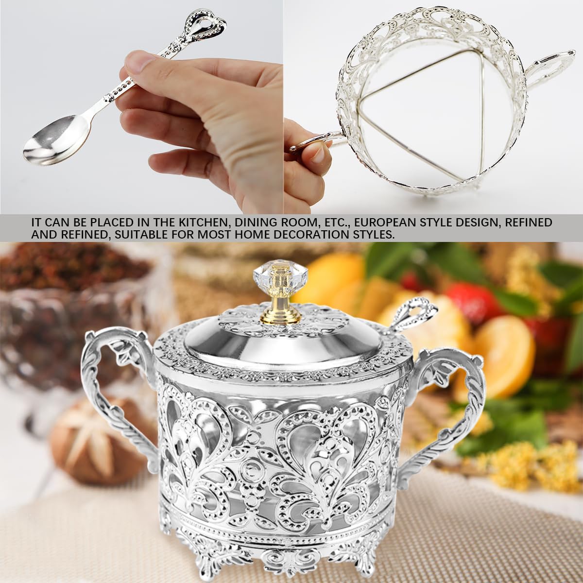 LCJAOF Glass Sugar Bowl with Lid and Spoon Vintage Kitchen Food Canister Condiment Pot Storage Jar Seasoning Containers for Home Restaurant Kitchen（Silver）