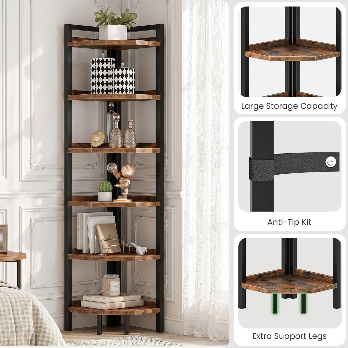 CHOEZON 6-Tier Corner Shelf, Tall Corner Bookshelf, Freestanding Storage Stand, Display Shelving for Living Room, Bedroom, Home Office, Rustic Brown and Black TCJ39BF