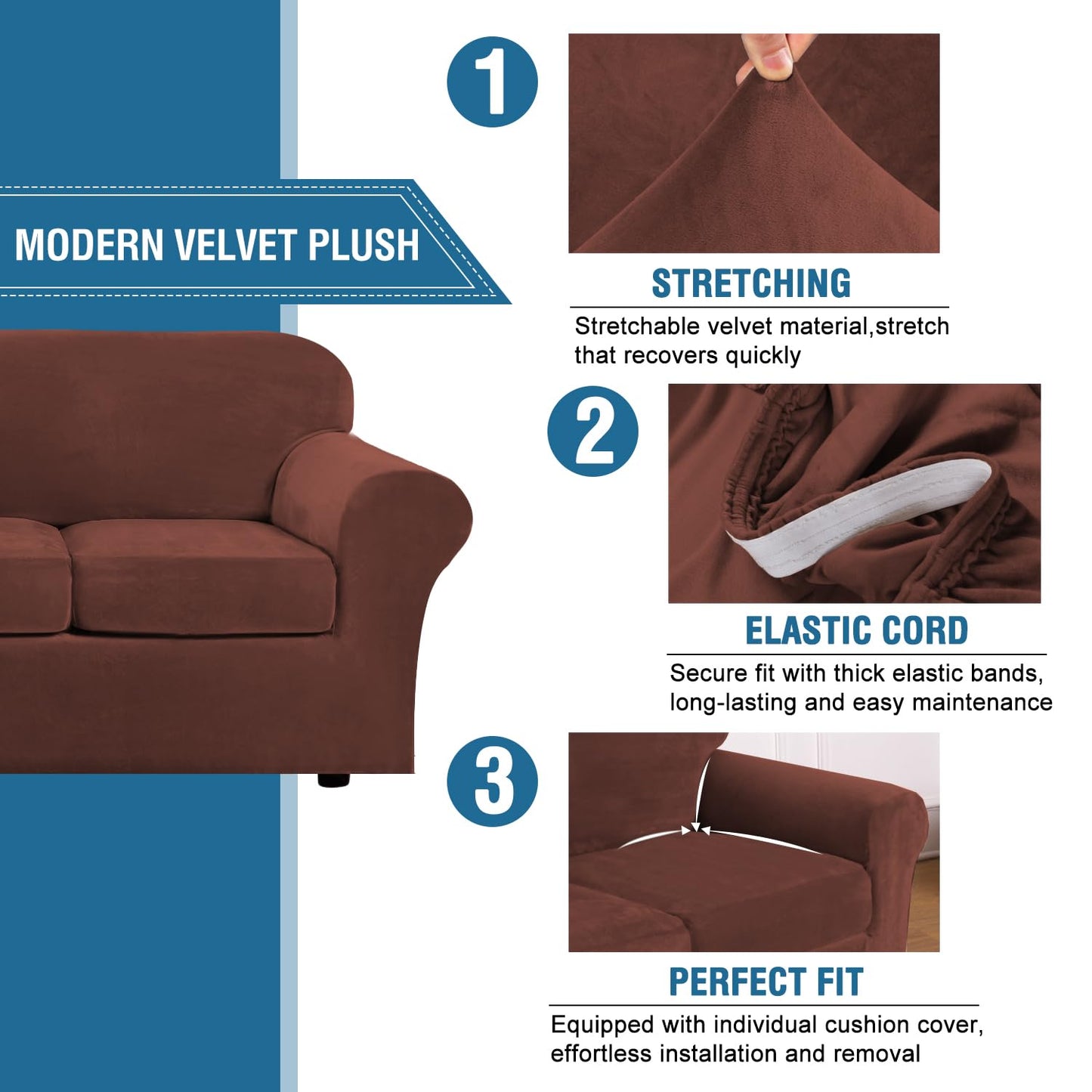 H.VERSAILTEX Real Velvet Plush 3 Piece Stretch Sofa Covers Couch Covers for 2 Cushion Couch Loveseat Covers Width Up to 72 Inch Feature Thick Soft Stay in Place (Medium Sofa, Burnt Brick)