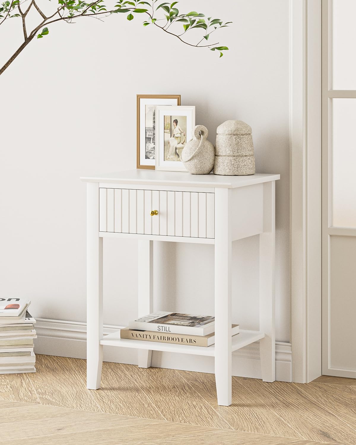 Apetaccat Fluted Nightstand, Farmhouse Night Stand with 1 Drawers, Mid Century Modern Side Accent Table,Bedside End Table for Bedroom, Living Room, White