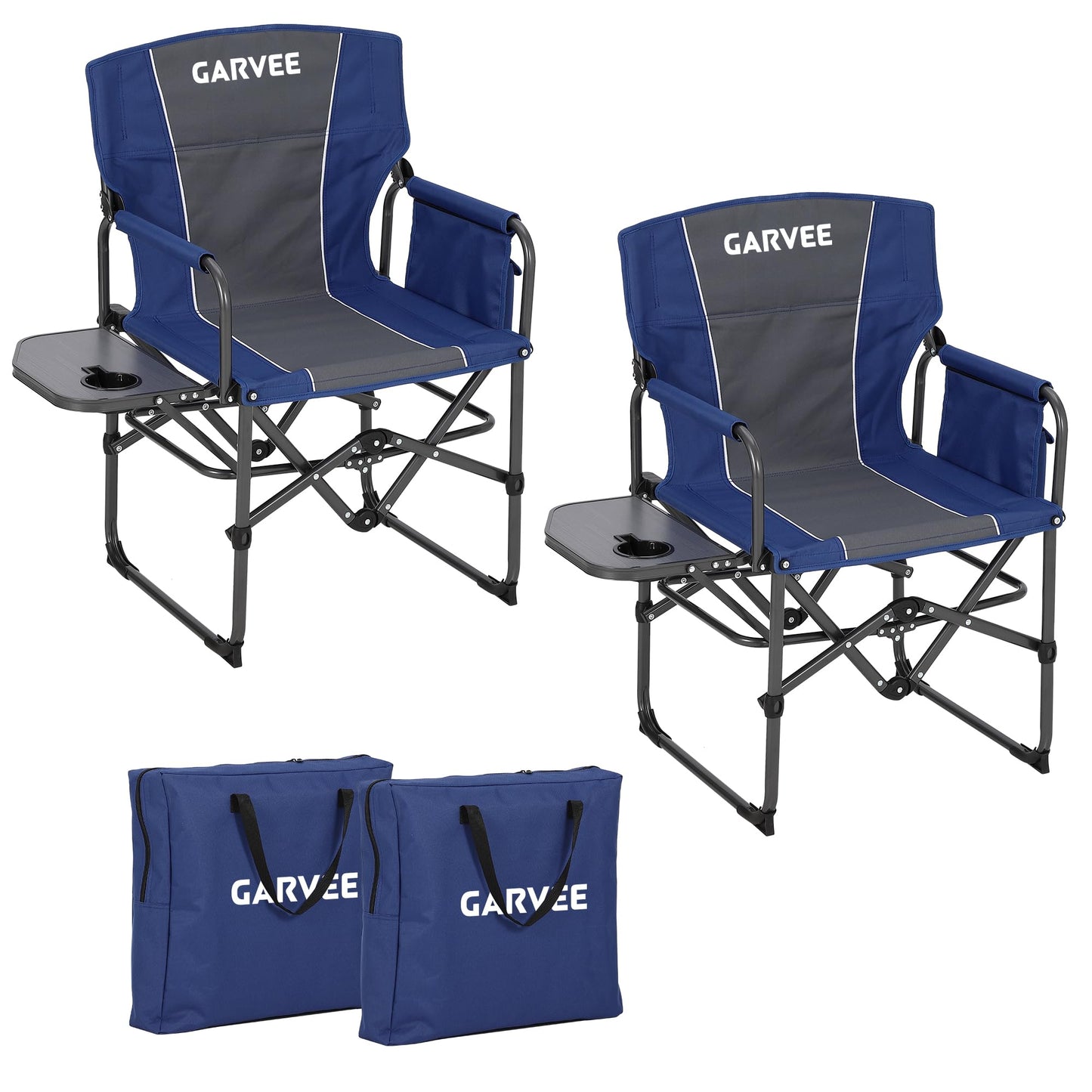 GarveeLife 2 Pack Oversized Directors Camping Chair, Portable Folding Chair for Adults Support 400 lbs, Heavy Duty Lawn Chair with Side Table, for Camping, Sports, Picnic, Beach, Fishing, Blue