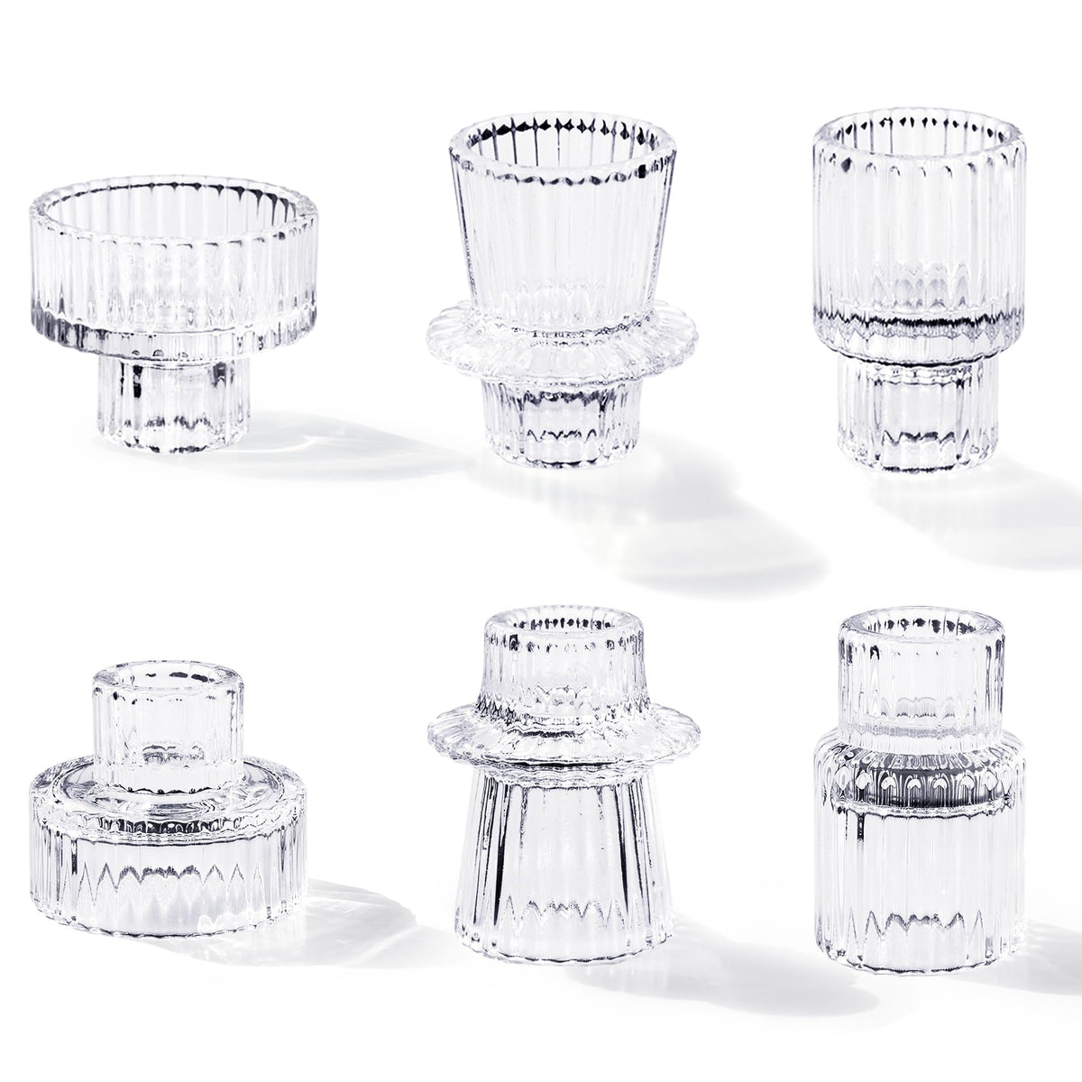 Toptime Candlestick Holders Set of 6, Ribbed Glass Taper Candle Holders, Reversible Clear Tealight & Candle Stick Candle Holder Vintage Crystal Tealight Candle Holder for Wedding Dinner Party