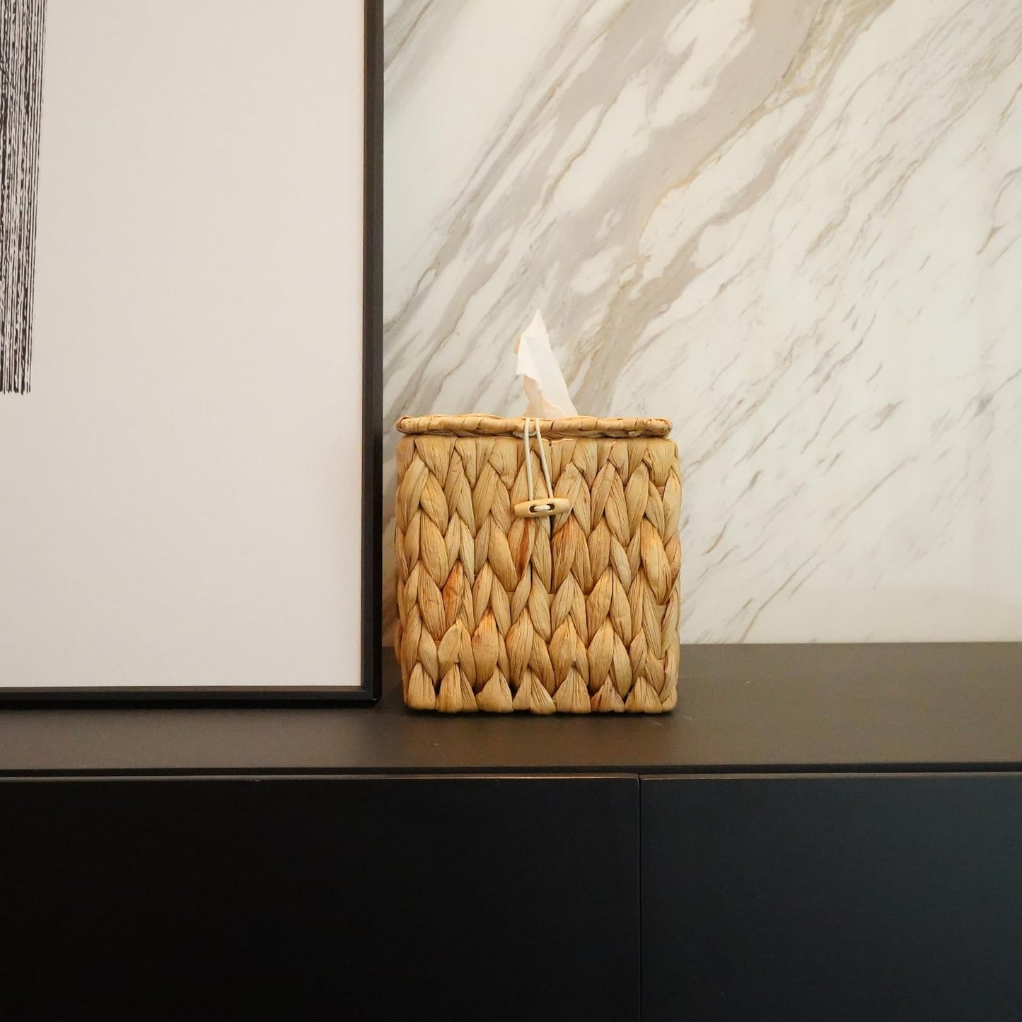 PINXIURY Tissue Box Cover Square Handwoven Rattan Tissue Box Holder, Natural Handmade, Boho Decorative Handcrafted Square Facial Tissue Holder with Lid, Rustic Decorative on Table and Bathroom, Office