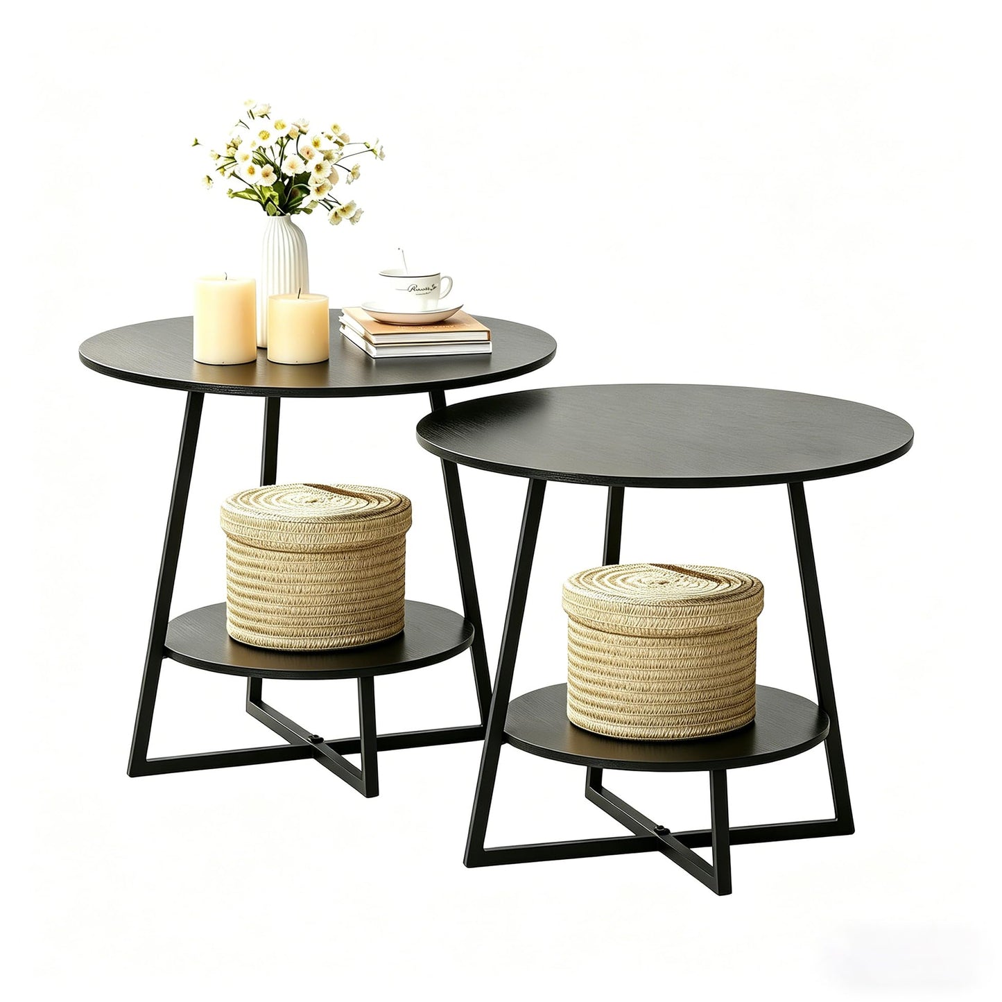 D&H FURNIMMT 20" Living Room Side Table Set of 2 for Small Spaces, 2 Tier Wood Top Round End Tables with Storage Shelf, Accent Sofa Table for Bedroom, Office, Sunroom, Balcony, Black