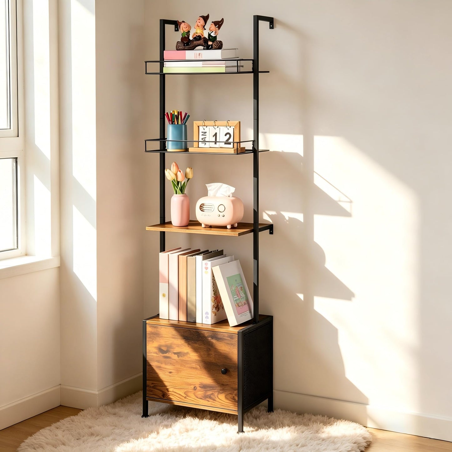 Vrisa 4 Tier Ladder Bookshelf with Drawers Wall Mounted Storage Shelves Wooden Ladder Shelf with Cabinet Display Bookcase for Living Room Bedroom Home Office Kitchen Brown