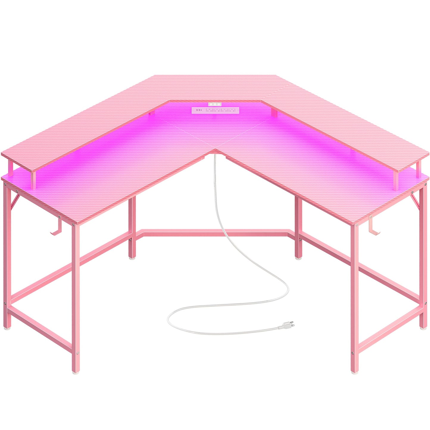 Huuger L Shaped Gaming Desk with Power Outlets & LED Lights, Computer Desk with Monitor Shelves, Carbon Fiber Surface, Home Office Desk, Corner Gaming Desk with Hooks, Carbon Fiber Pink