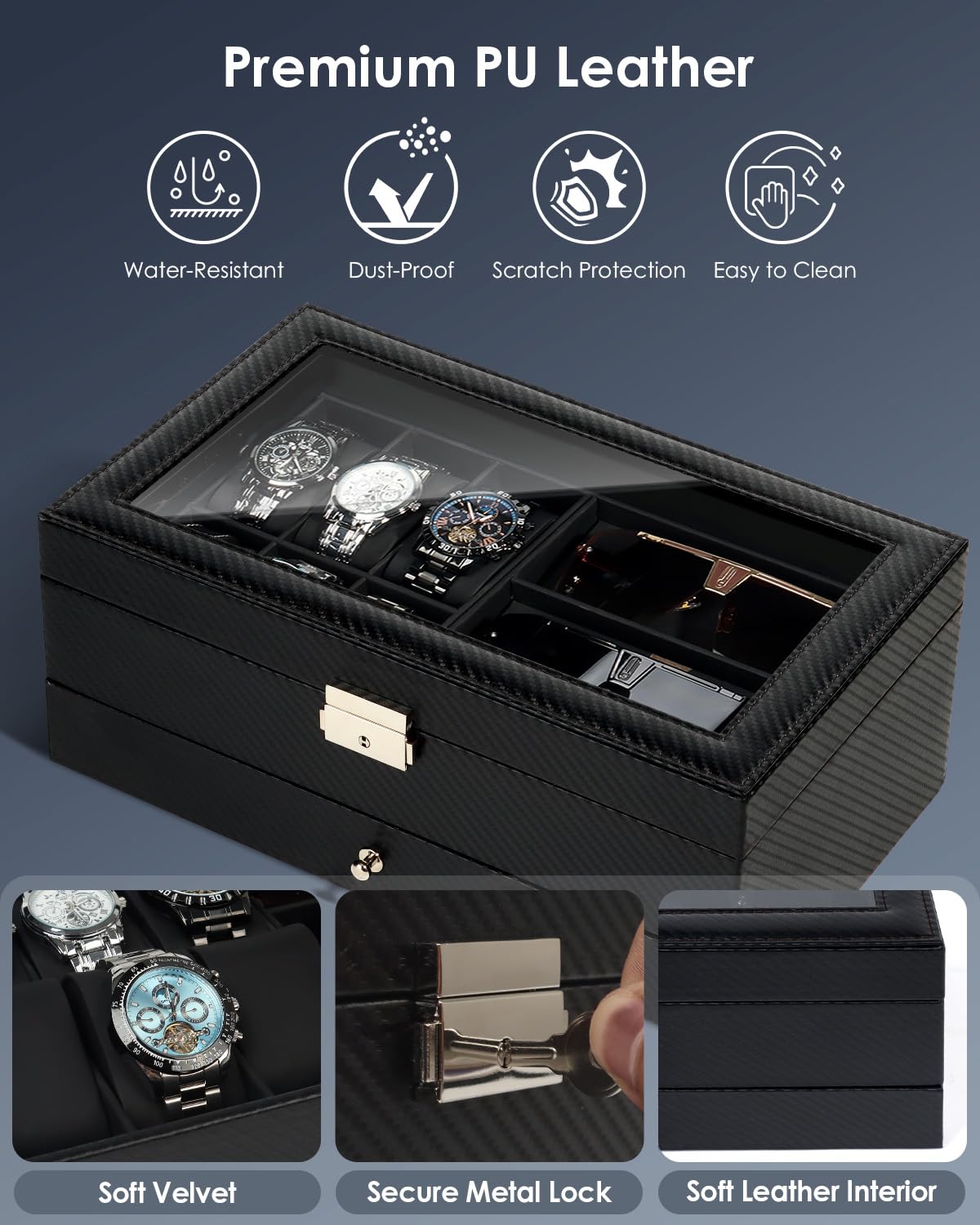 Kukikan Watch Jewelry Box Organizer, 6-Slot 2-Layer Case and Sunglasses Storage with Large Glass Lid, Men's Jewelry Box with Lock, Watch Holder Display Case, Fathers Day Gift, All Black