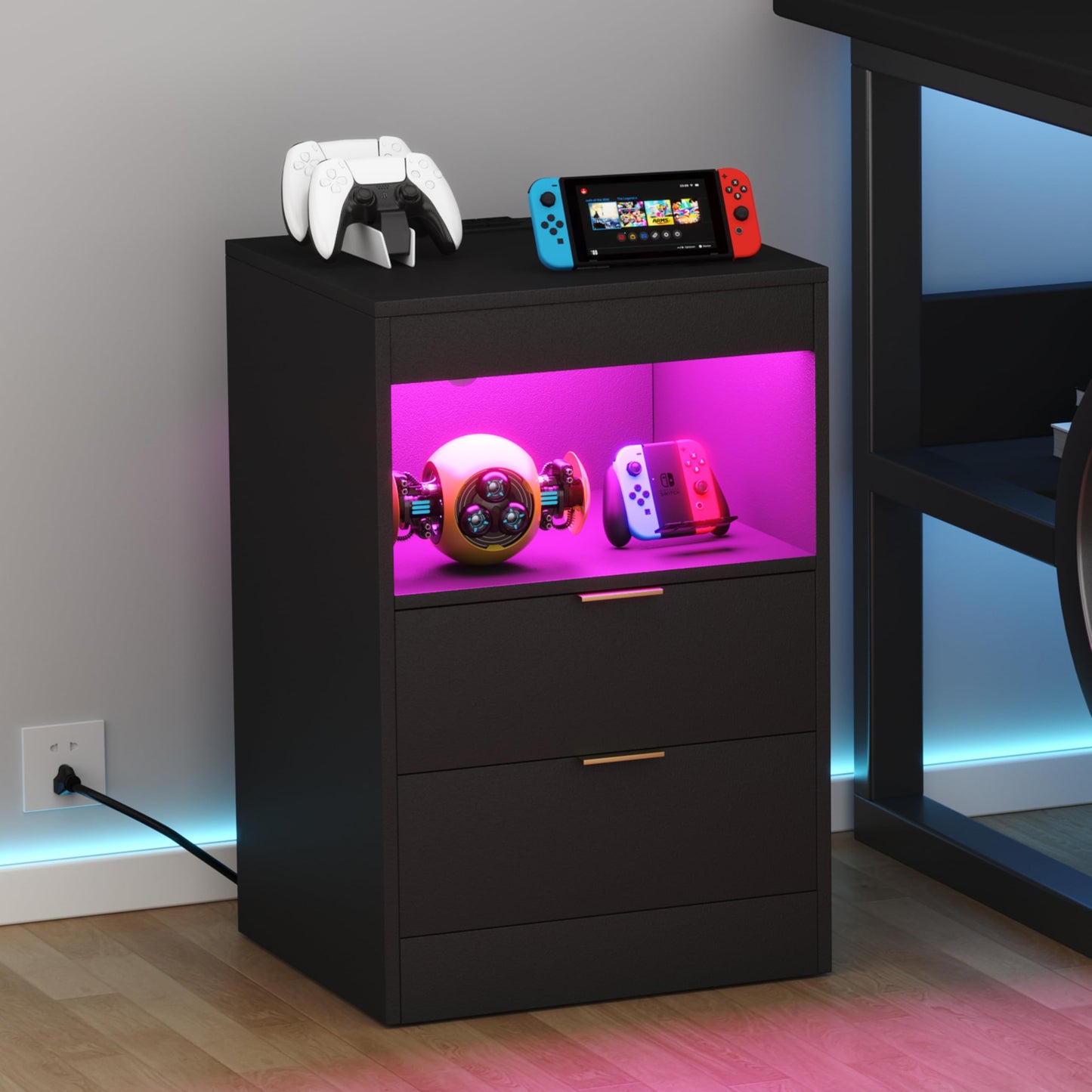 Yusong Night Stand with Gun Drawer & Invisible Lock, Bedside Table, LED Nightstand with Charging Station, Modern Night Stand, Wood Sofa Couch End Side Table with 2 Pull-Out Shelf (Black 002)