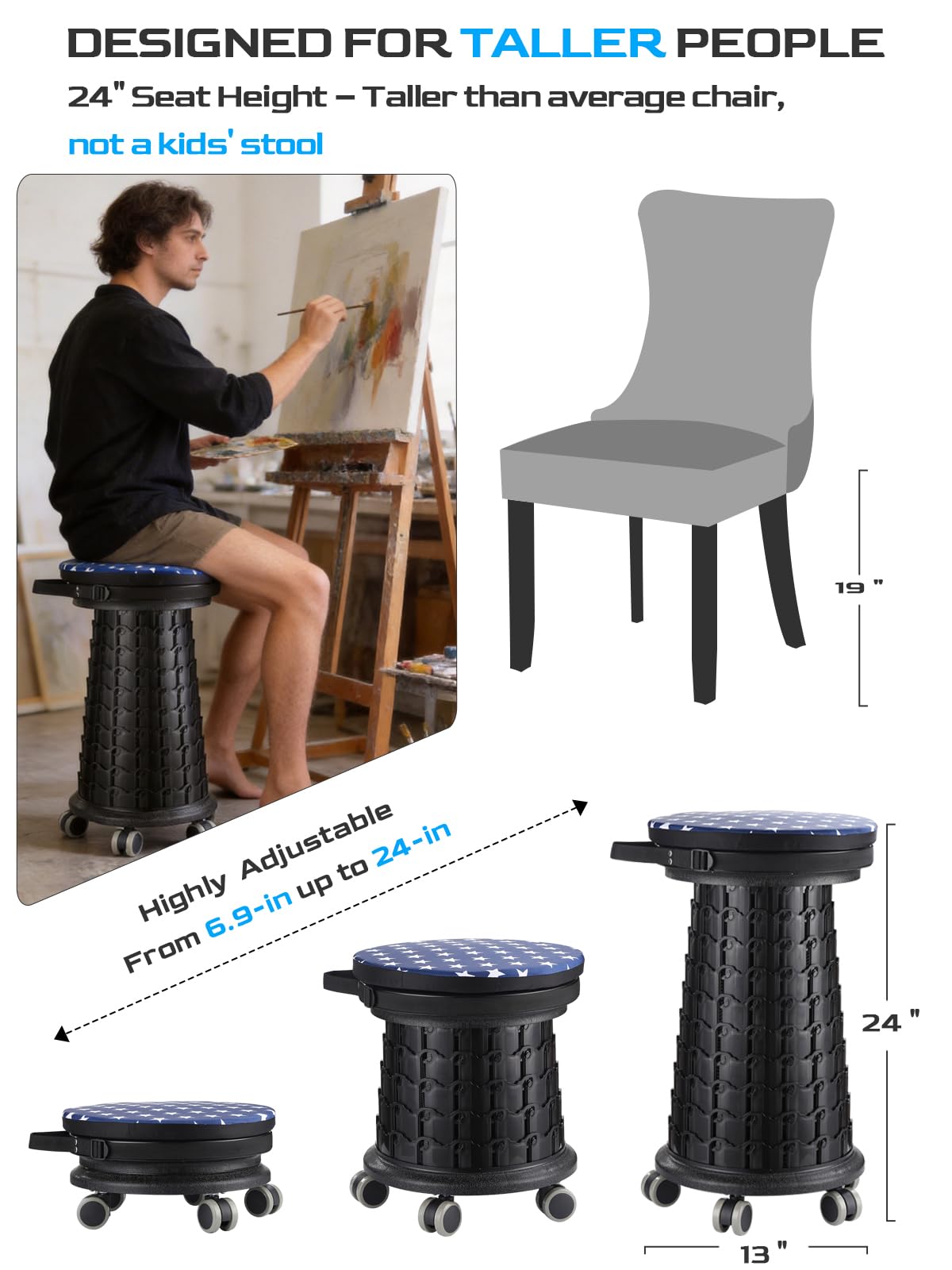 2026 Upgraded 3XL Rolling Collapsible Stool with Wheels | 1000lbs Capacity, 24-in Taller & 13-in Wider Retractable Stool for Adults, Thick Swivel Cushion & 5 Silent Casters, for Home, Garage, Kitchen