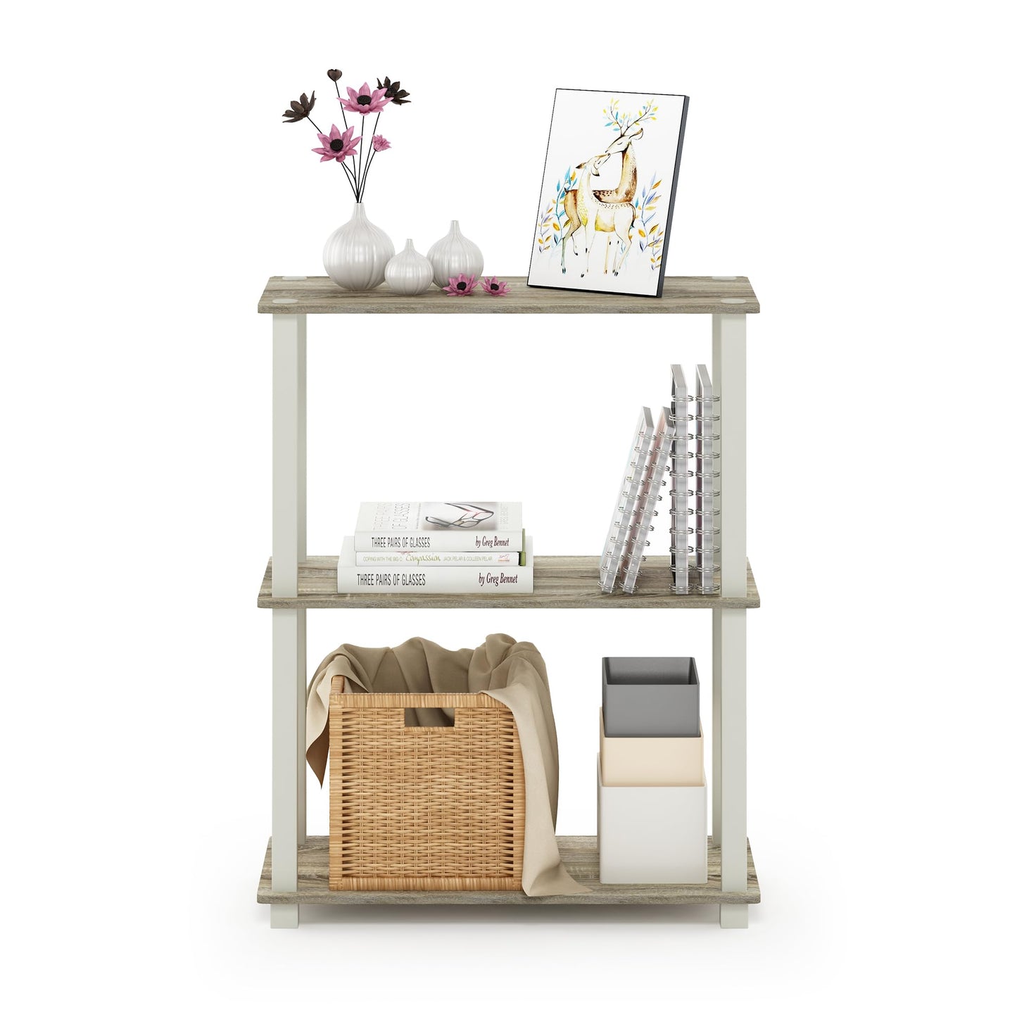 Furinno TURN-S-TUBE Storage Shelves, 3-Tier Book Shelf, Corner Shelf, Toolless Open Shelves, for Organization and Storage, Living Room, Garage, Home Office, Sonoma Oak
