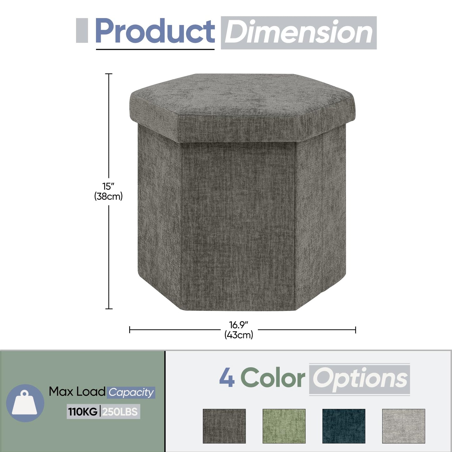 ZOLANOful Hexagon Storage Ottoman, Foldable Chenille FootRest with Hidden Storage, Small Ottoman Footstool for Living Room, Bedroom, Dorm, Entryway, 15 x 16.9 x 15 Inches, Grey