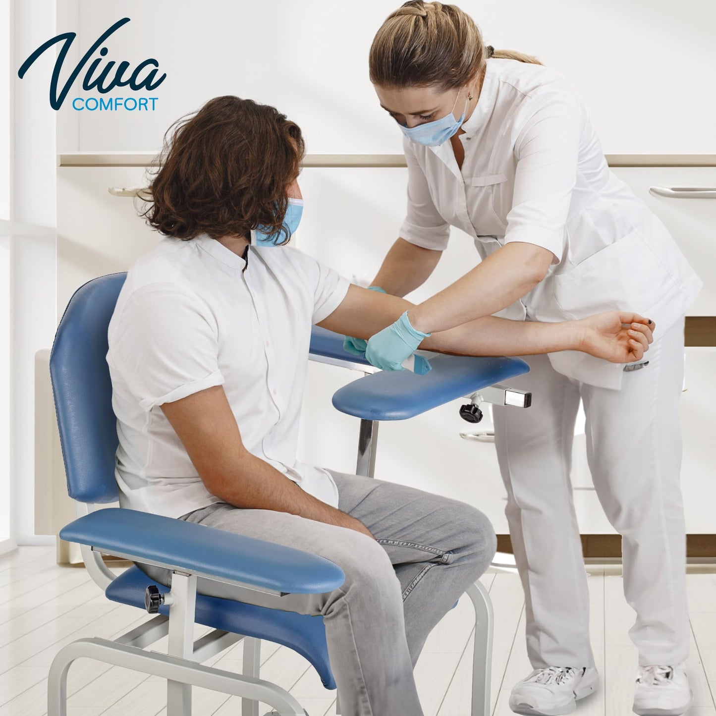 VivaComfort Blue 400 lbs Weight Capacity Phlebotomy Chair with Adjustable Armrest, Blood Draw Chair, Comfortable Lab Medical Chair