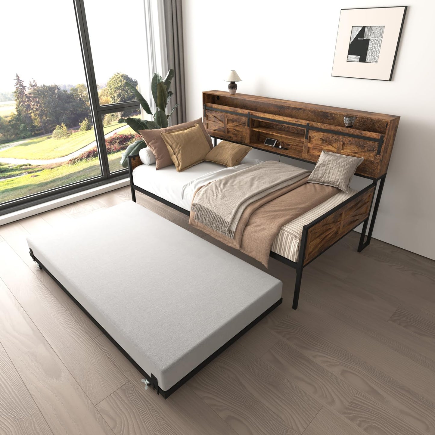 Daybed with Trundle and LED Lights, Metal Twin Bed Frame with Sliding Barn Door Headboard & Charging Station, Day Bed Pop Up Trundle Bed for Living Room Bedroom Guest Room (Black+Brown, Twin)