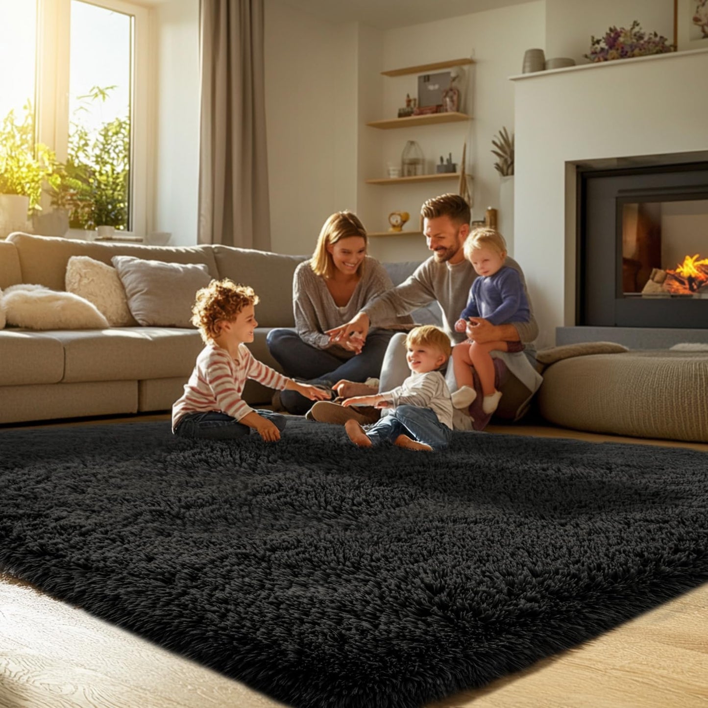 Topmaxcs Black Shag Area Rug Bedroom: 8x10 Shag Fluffy Area Rugs for Living Room- Plush Rugs for Bedroom- Large Fuzzy Soft Modern Rugs for Kids Room (Black, 8x10 Feet)