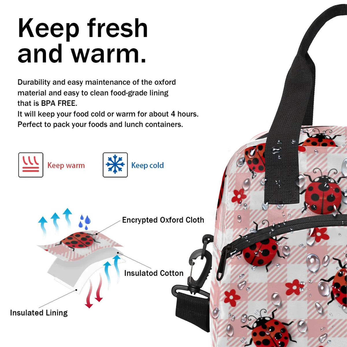 Eizlang Coccinella Septempunctata Insulated Lunch Bag for Women Men Reusable Cooler Lunch Box Freezable Tote Lunch Bag Organizer with Adjustable Shoulder Strap for Work