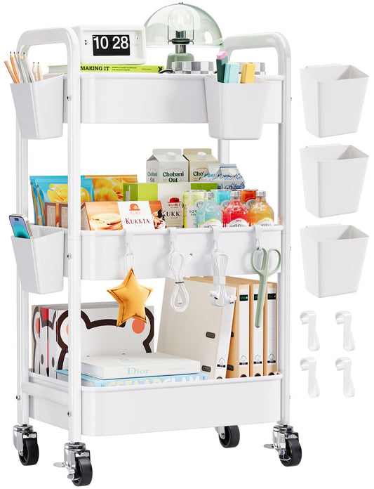 3 Tier Rolling Cart with Wheels, Metal Utility Storage Cart on Wheels, Craft Carts Organizer with Hanging Cups, Hooks, Three Tiered Rolling Carts for Bathroom, Laundry Room, Nursery, Office, White