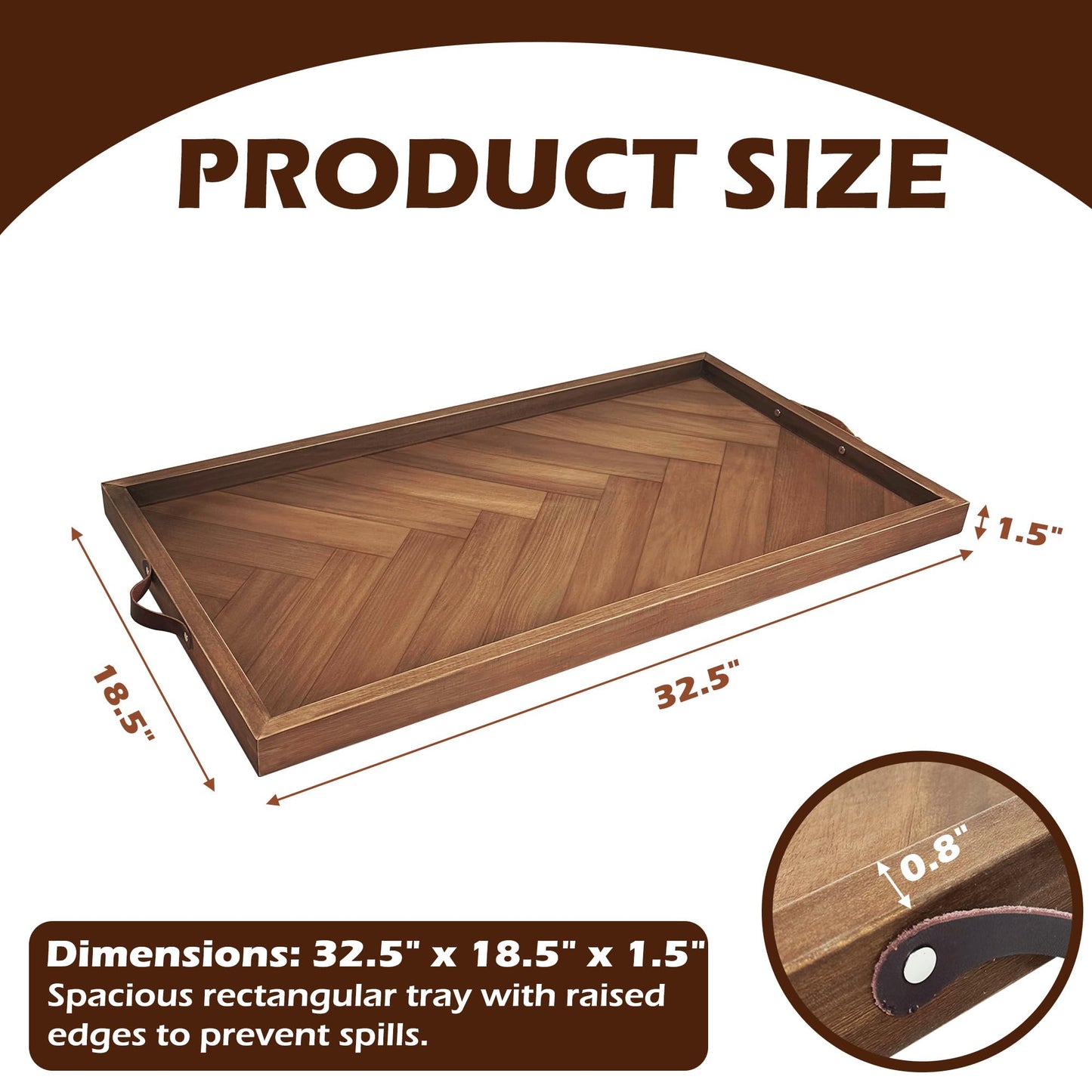 Extra Large Ottoman Tray Rectangle, 32.5"x18.5" Wooden Ottoman Trays with Leather Handles, Rustic Decorative Storage Tray for Ottoman