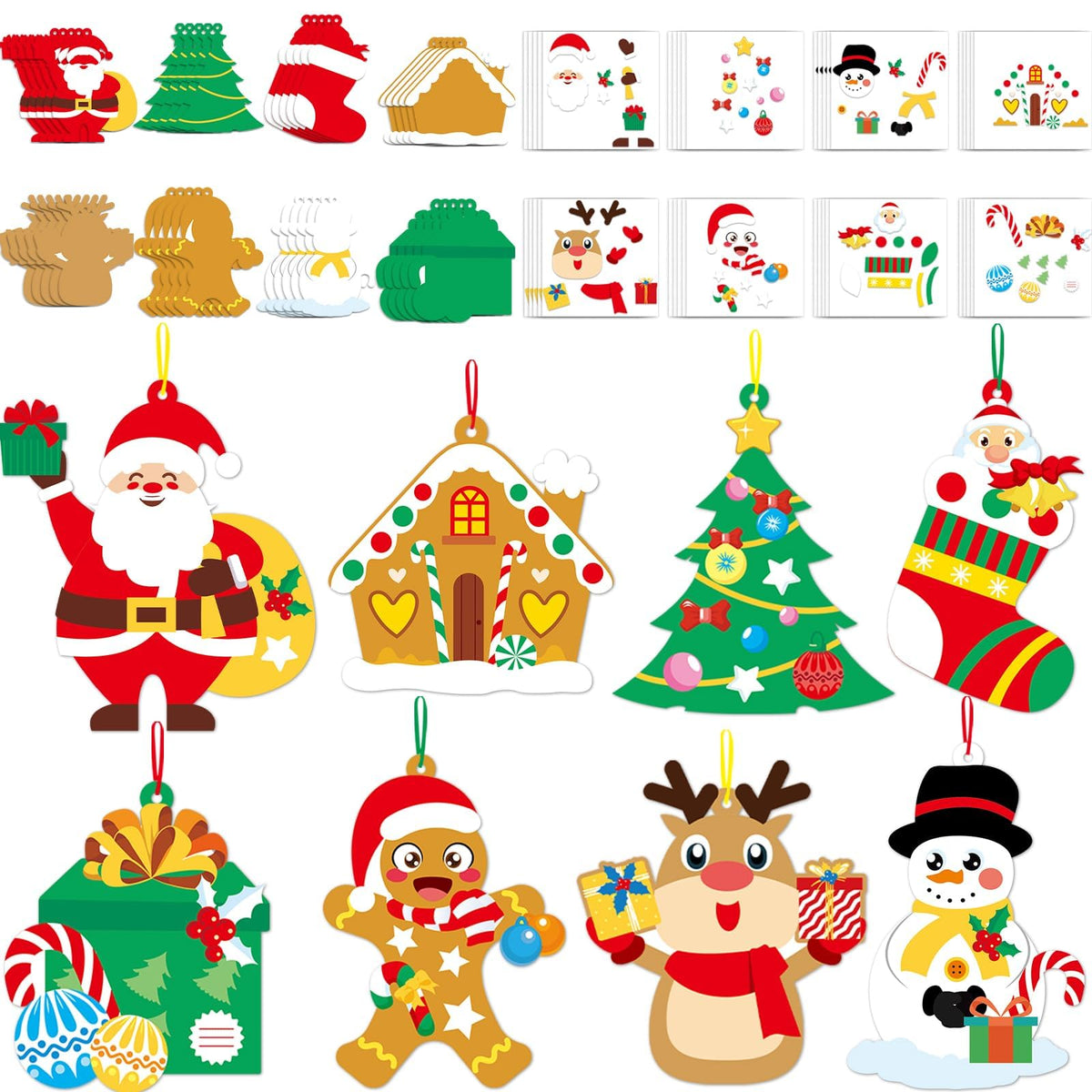 Qyeahkj 64 Sets Christmas Craft Kit for Christmas DIY Art Ornaments Bulks, Make Your Own Santa Claus Tree Gingerbread House Reindeer Christmas Holiday Party Game Activity Supplies