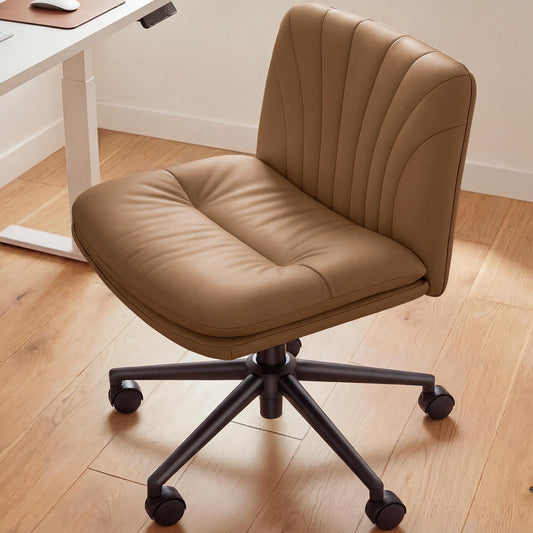 Marsail Armless-Office Desk Chair with Wheels: PU Leather Cross Legged Wide Chair,Comfortable Adjustable Swivel Computer Task Chairs for Home,Office,Make Up,Small Space,Bed Room, Brown