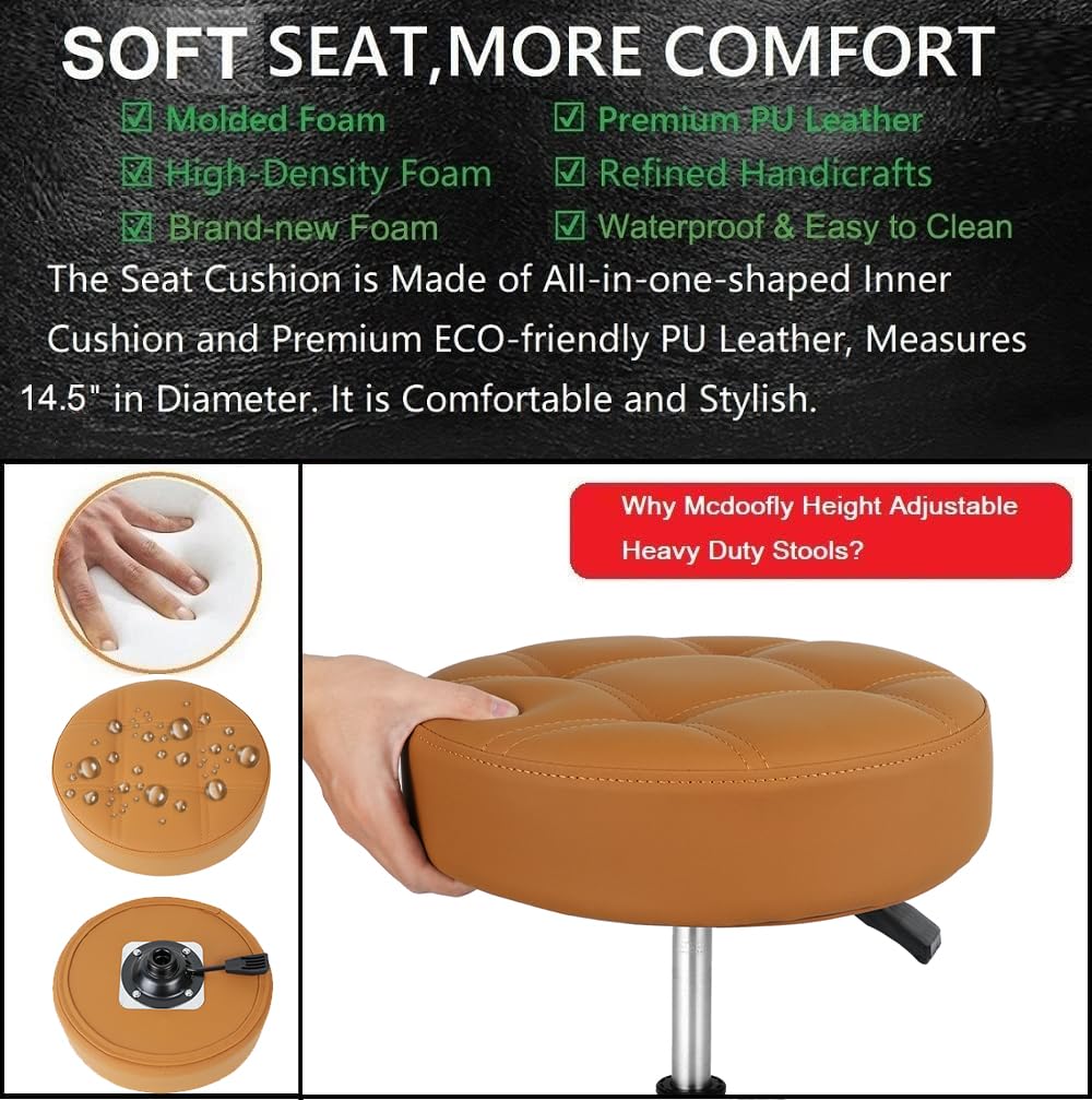 McDooFly Adjustable Heavy Duty Stool - Rolling Stools with Locking Caster Wheels - Swivel Stools Backless Chair for Home Kitchen Office Shop Tattoo Lash Tech Pedicure (Camel, Height 22 to 30 in)