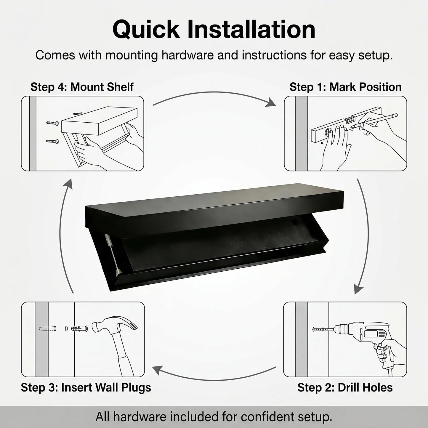 nawakol Floating Hidden Shelves for Wall with Concealed Storage Drawer, Hidden Shelf Night Stand with Secret Compartment, for Home Office Living Room, Black