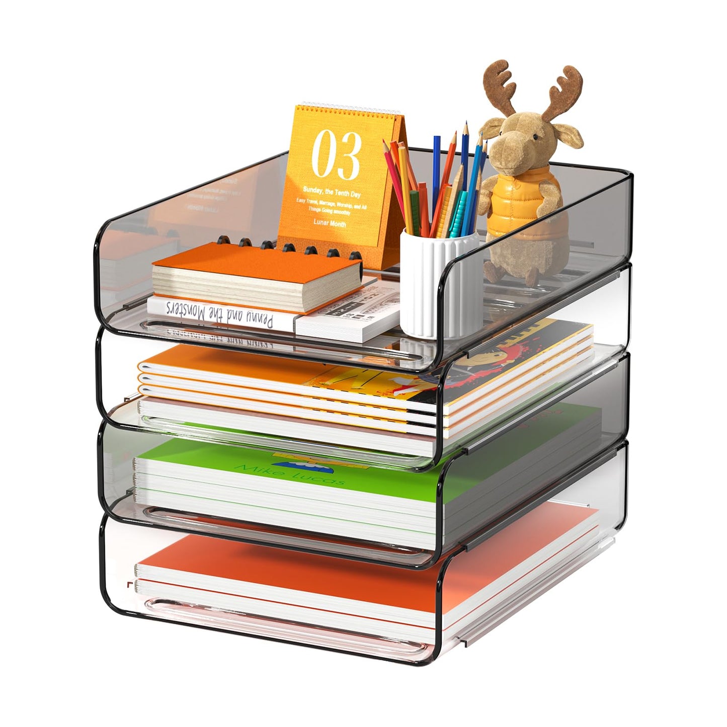 FANXIYQ 4-Tier Acrylic Paper Tray Organizer, Clear & Brown Stackable Desk Organizer for Documents, Files, A4 Paper, Mail, Books & Office Supplies, Office Classroom Home
