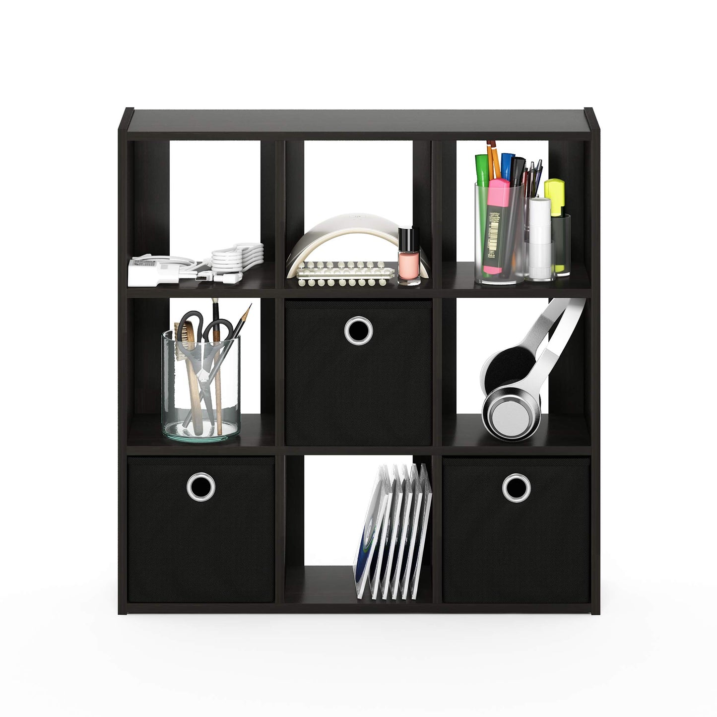 Furinno Simplistic 9-Cube Organizer with Bins, Small Size (Assembled unit dimensions : 7.9"D x 26.5"W x 26.7"H inches), Espresso/Black