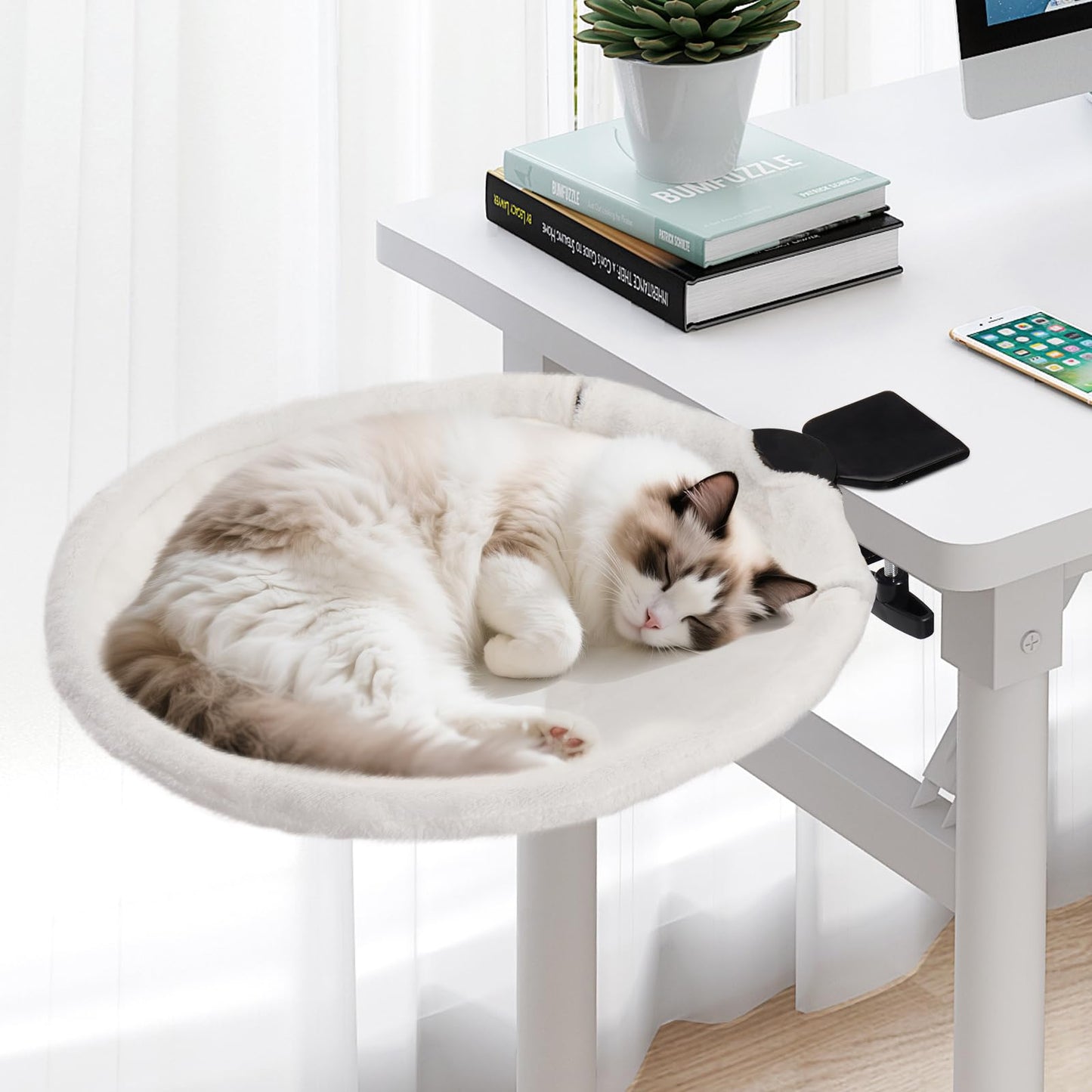 Uross Cat Desk Bed - 180° Rotating Soft & Comfortable Rabbit Fur Bed, Modern Indoor Cat Nest Furniture for Office Desks and Game Tables, Island Table-Supports 50 lbs-(Beige)
