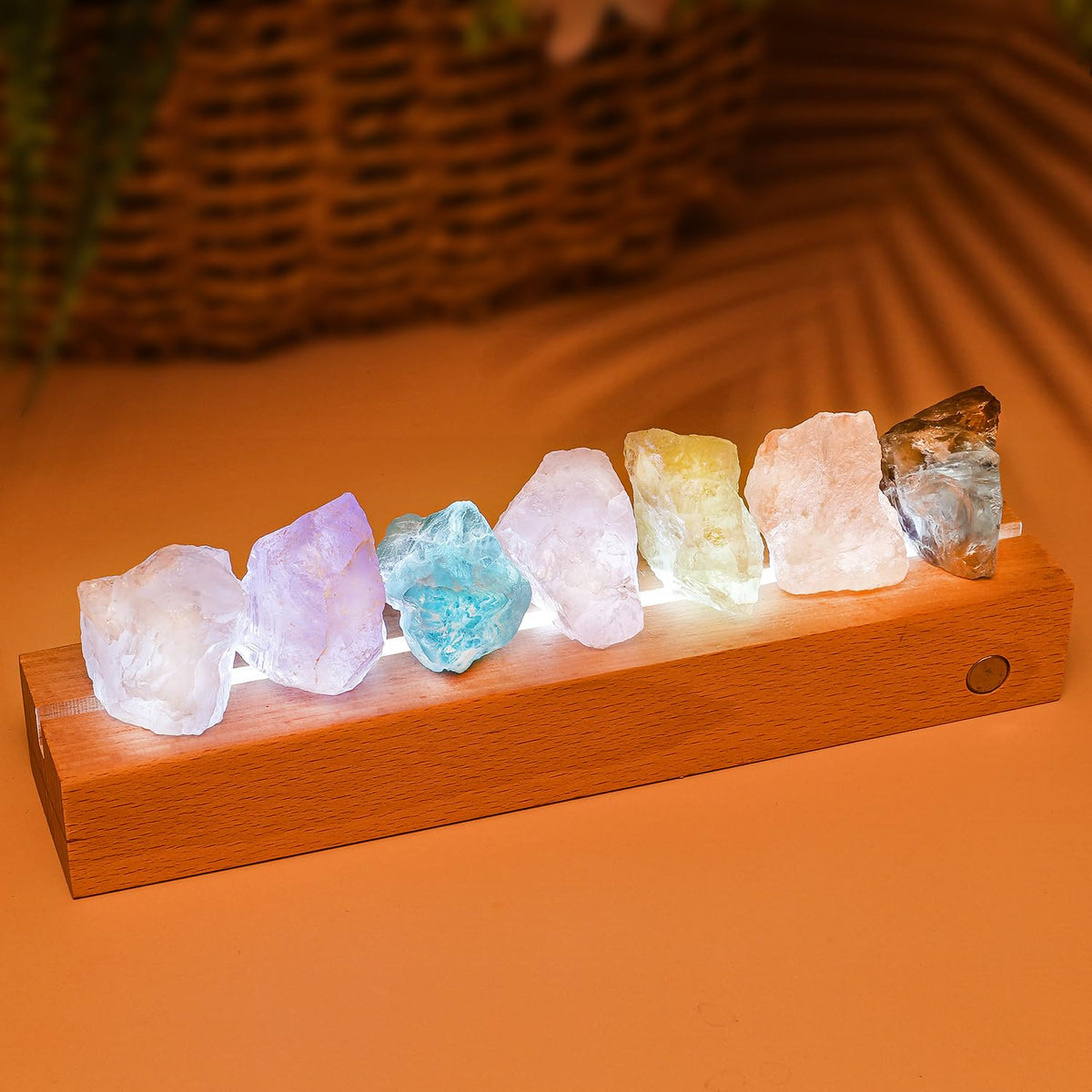 HYAMVOR Healing Crystal Night Light, 7 Chakra Natural Bedside Lamp with Wooden LED Light Base, Healing Stones Positive Energy Night Lights for Home Decor Gifts (Rechargeable)
