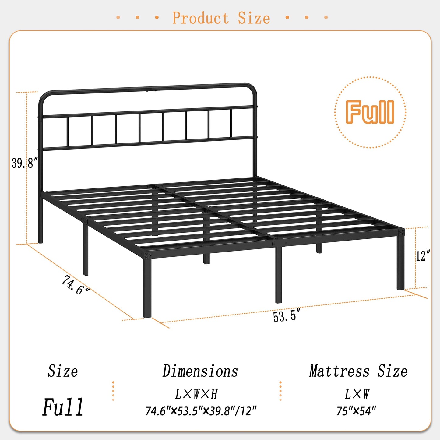 Kujielan 12 inches Full Size Bed Frame with Minimalist headboard,Metal Platform Base with Strong Metal Slats,Mattress Foundation for Under Bed Storage,Easy Assembly,Black