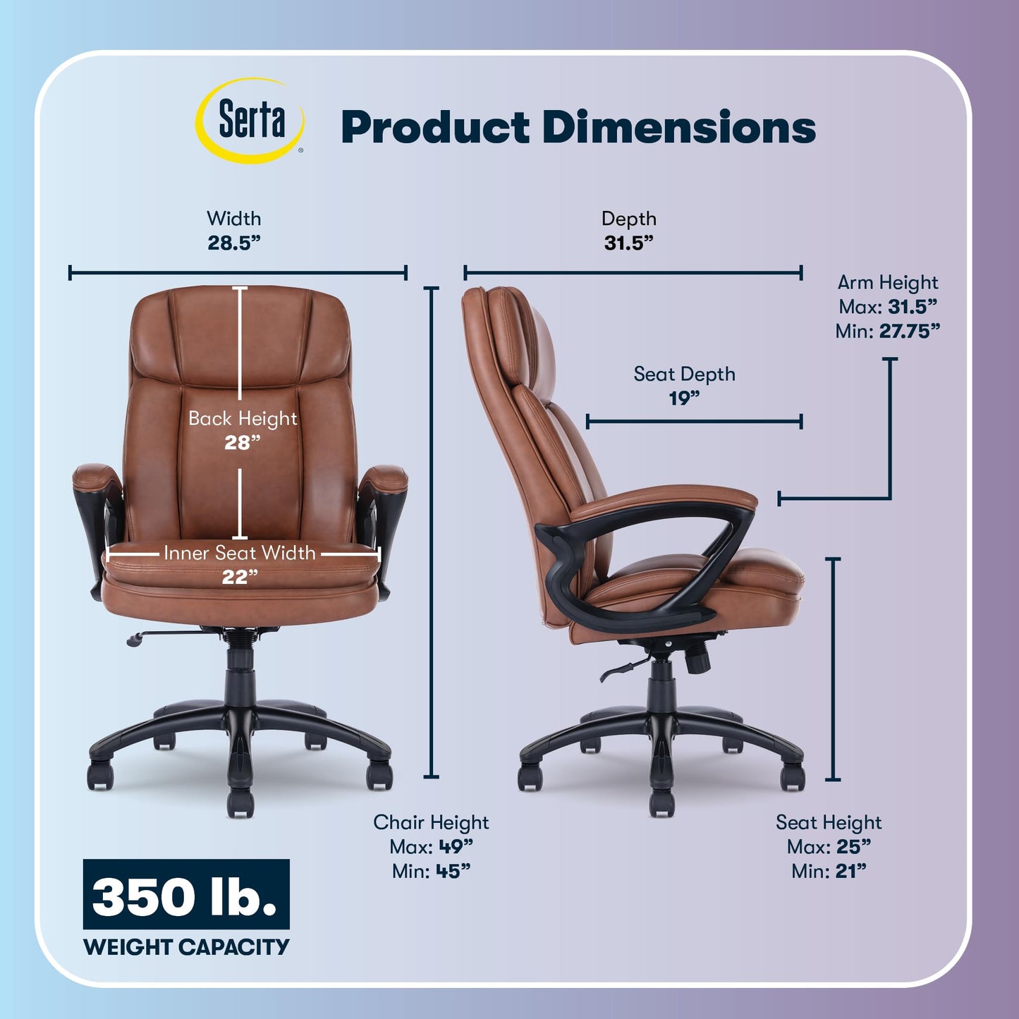 Serta Fairbanks Big & Tall Executive Office Chair, Ergonomic High-Back with Lumbar Support, Semi-Plush Seat Cushion and Body Pillows, Padded Armrests, Nylon Swivel Base, Bonded Leather, Cognac Brown