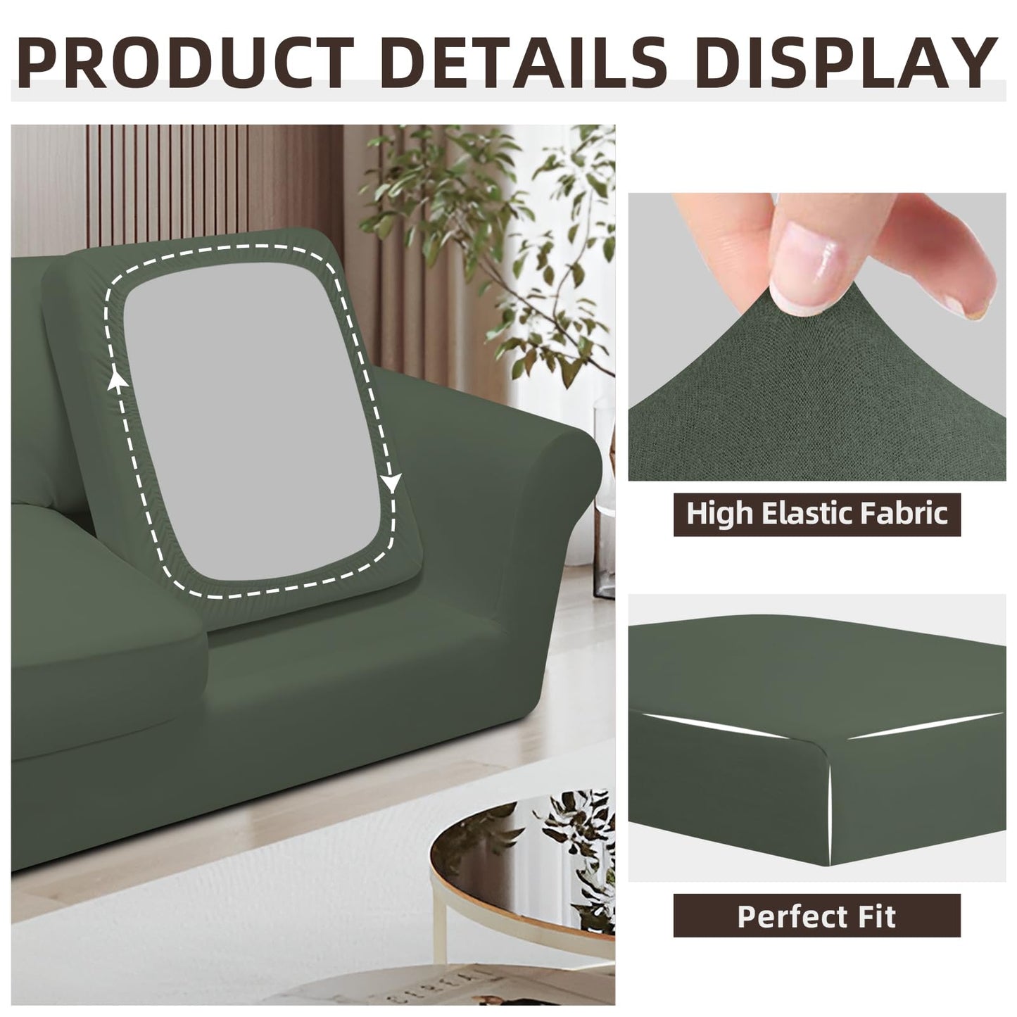 Easy-Going 7 Pieces Stretch Couch Cover Washable Sofa Cover Set for 3 Backrest and Seat Cushion Couch Anti-Slip Sofa Slipcover Furniture Protector with Elastic Bottom (Large, Grayish Green)