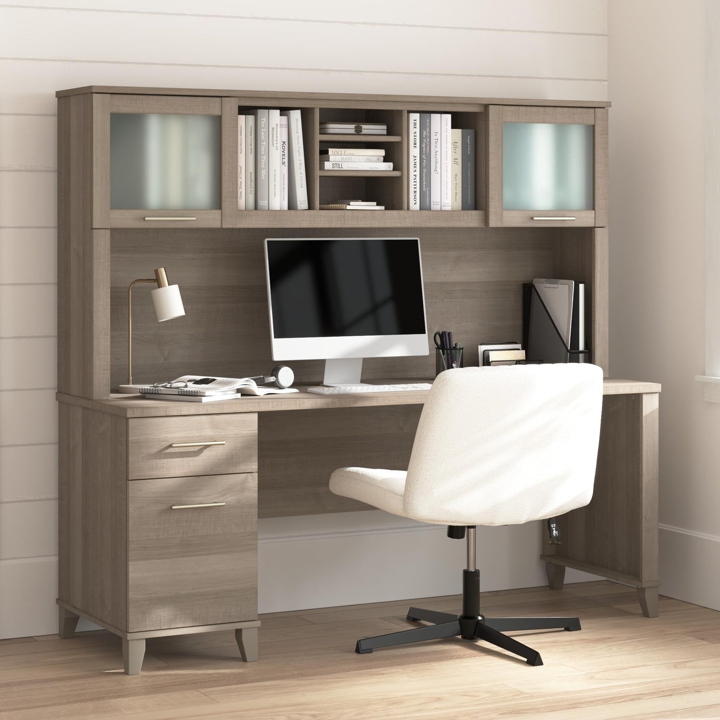 Bush Home 72-Inch Office Desk with Drawers and Hutch, Computer Desk with File and Box Drawers, Shelves and Storage Cabinet, Home Office Workstation, Somerset Collection, Ash Gray