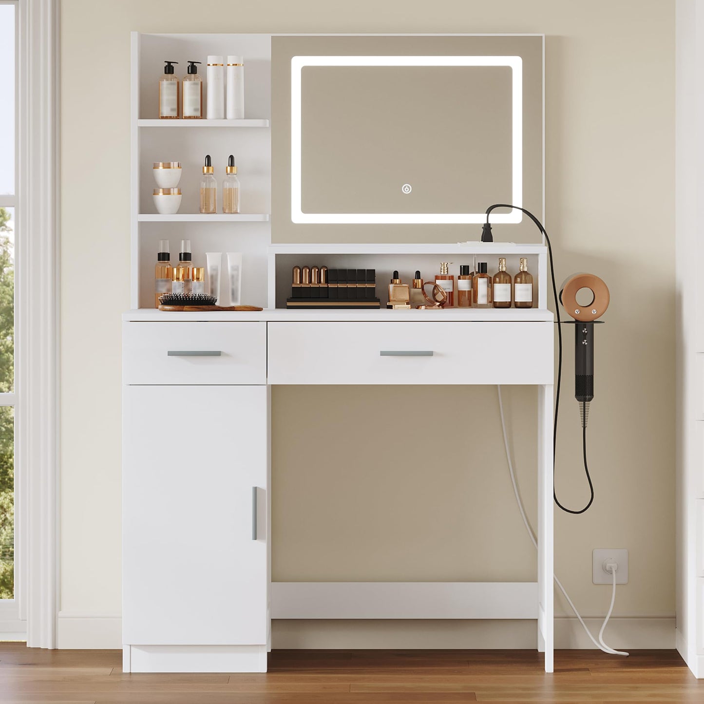 ProsperHaven Vanity Desk with LED Mirror and Lights, Makeup Vanity Table with Power Outlet, Drawers, Cabinet, Dressing Table with Open Storage Shelves for Bedroom, Dressing Room, White