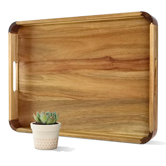 22 inches Acacia Wood Ottoman Serving Tray with Handles & Rounded Corners