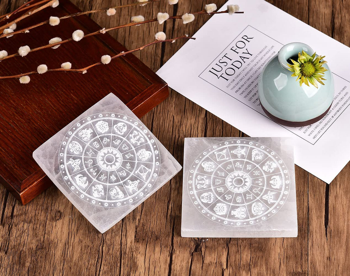 JIC Gem 4" Square Selenite Charging Plate 12 Star Engraved Selenite Slab Healing Crystal Charging Station